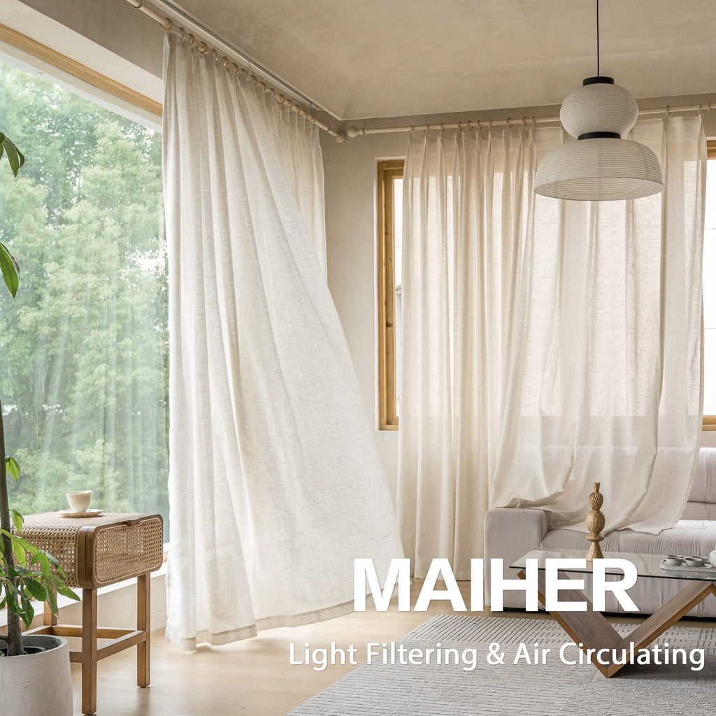MAIHER Linen Textured Pleated Curtains 63 Inches Long for Living Room, Light Filtering Pinch Pleat Semi Sheer Drapes Curtains with Tieback and Hooks, Natural Linen (1 Panel, 54" W x 63" L)