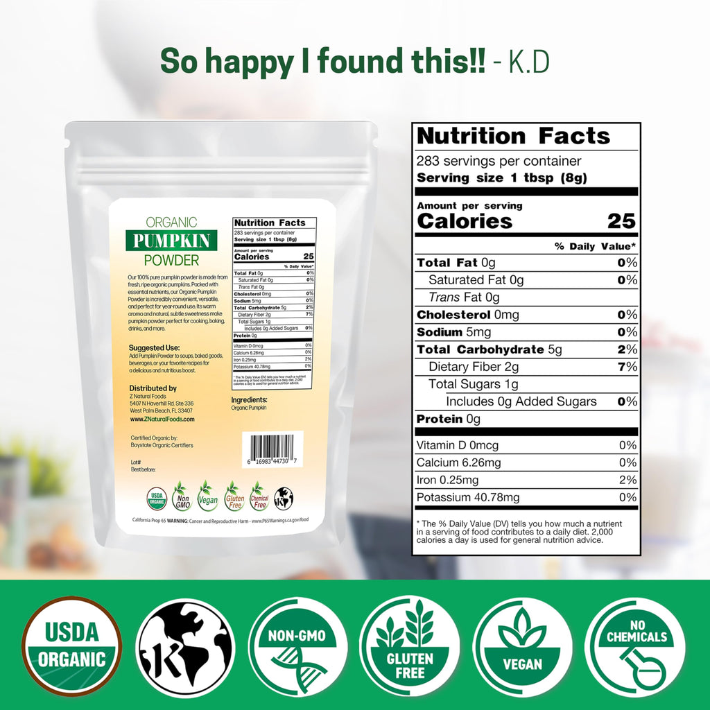 Z Natural Foods Organic Pumpkin Powder - Pure Powdered Pumpkin for Delicious Pumpkin Spice Latte, Baking, Smoothies, Juice, Puree - Dried Sweet Vegan Pumpkin Powder, Gluten Free, Kosher, 1 lb