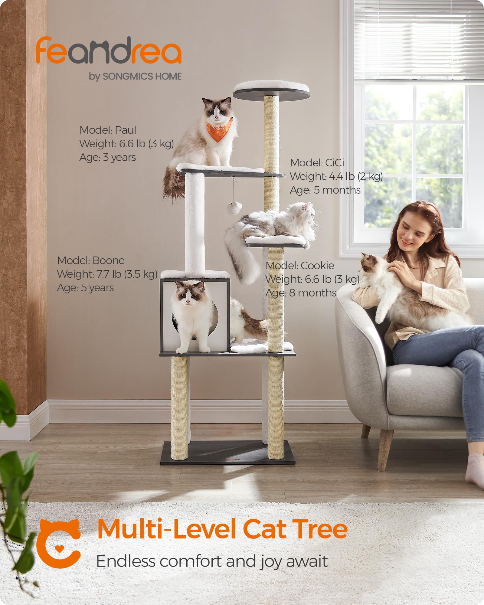 Feandrea Cat Tree, 65-Inch Modern Cat Tower for Indoor Cats, Multi-Level Cat Condo with 5 Scratching Posts, Perch, Washable Removable Cushions, Cat Furniture, Cloud White UPCT166W01