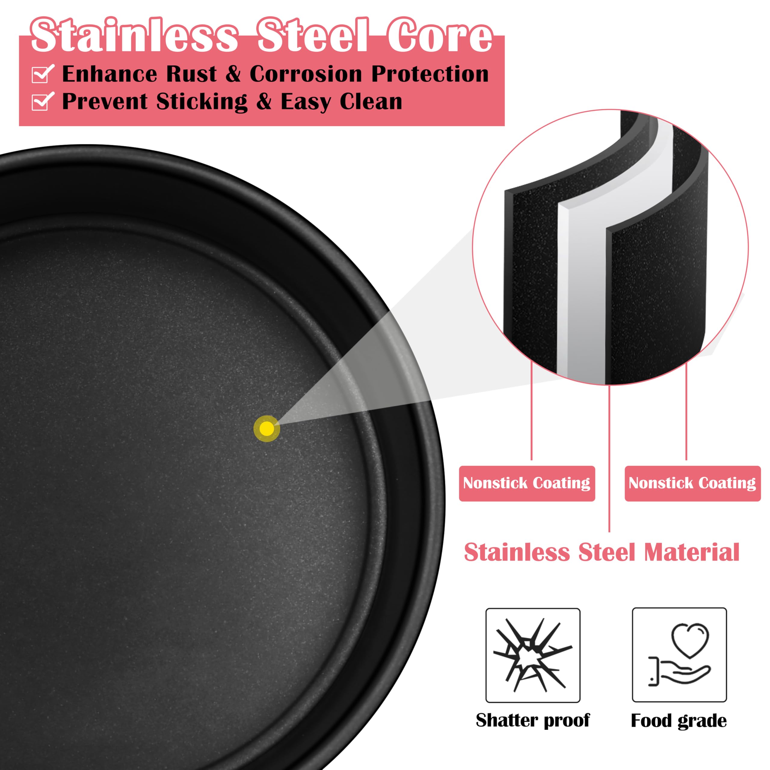 E-far 4 Inch Cake Pan Set of 3, Nonstick Stainless Steel Mini Round Cake Pans Tin, Small Size for Baking Smash Cakes/Cheesecake, Stainless Steel Core & Non-toxic Coating, Straight Side & 2 Inch Deep