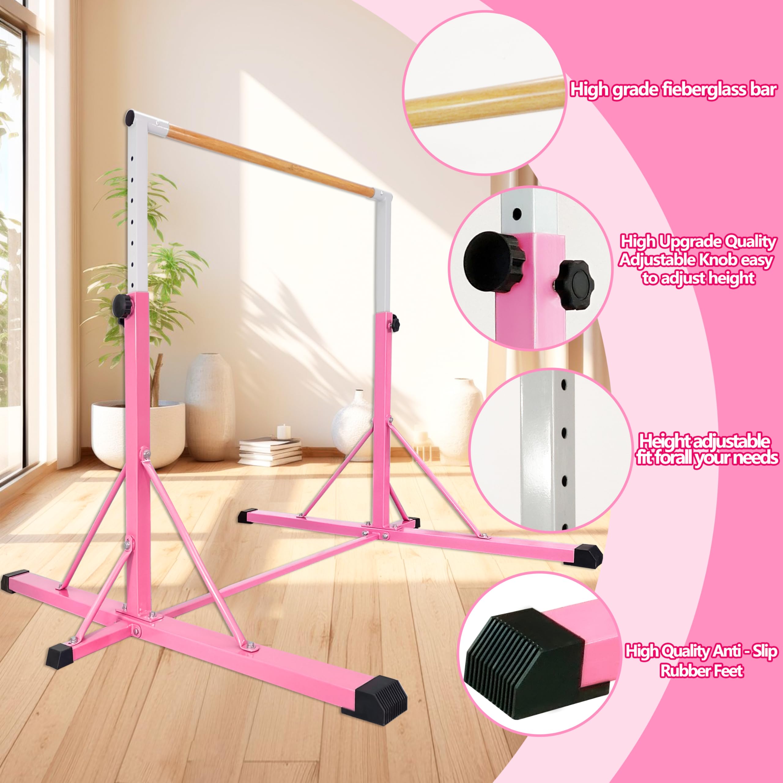 FC FUNCHEER Gymnastics Bar for Kids Ages 3-15, 35" to 60" Adjustable Height, 4FT Wide Base - Professional Kip Bar with 360° Stability & Fiberglass Crossbar, Easy Fold&Solid Design for Home Training