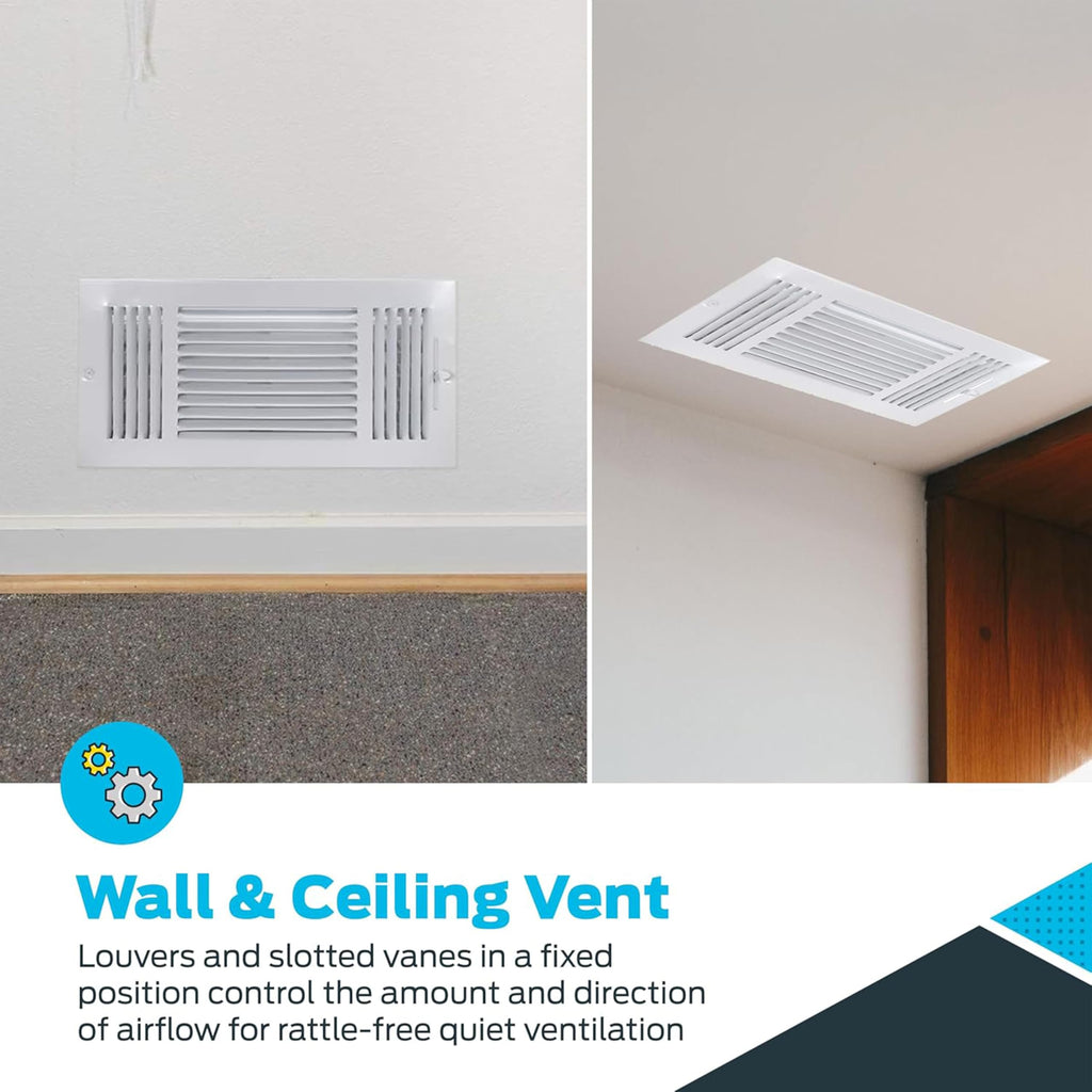 EZ-FLO 8 x 4 Inch Three-Way Ventilation Steel Sidewall/Ceiling Register, Steel Duct Opening, 61658