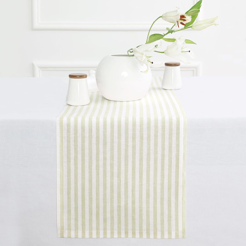 Solino Home Linen Table Runner 36 Inches - Amalfi Stripe 100% Pure Linen Natural and White Table Runner 14 x 36 Inch Ideal for Dresser and Coffee Tables - Summer