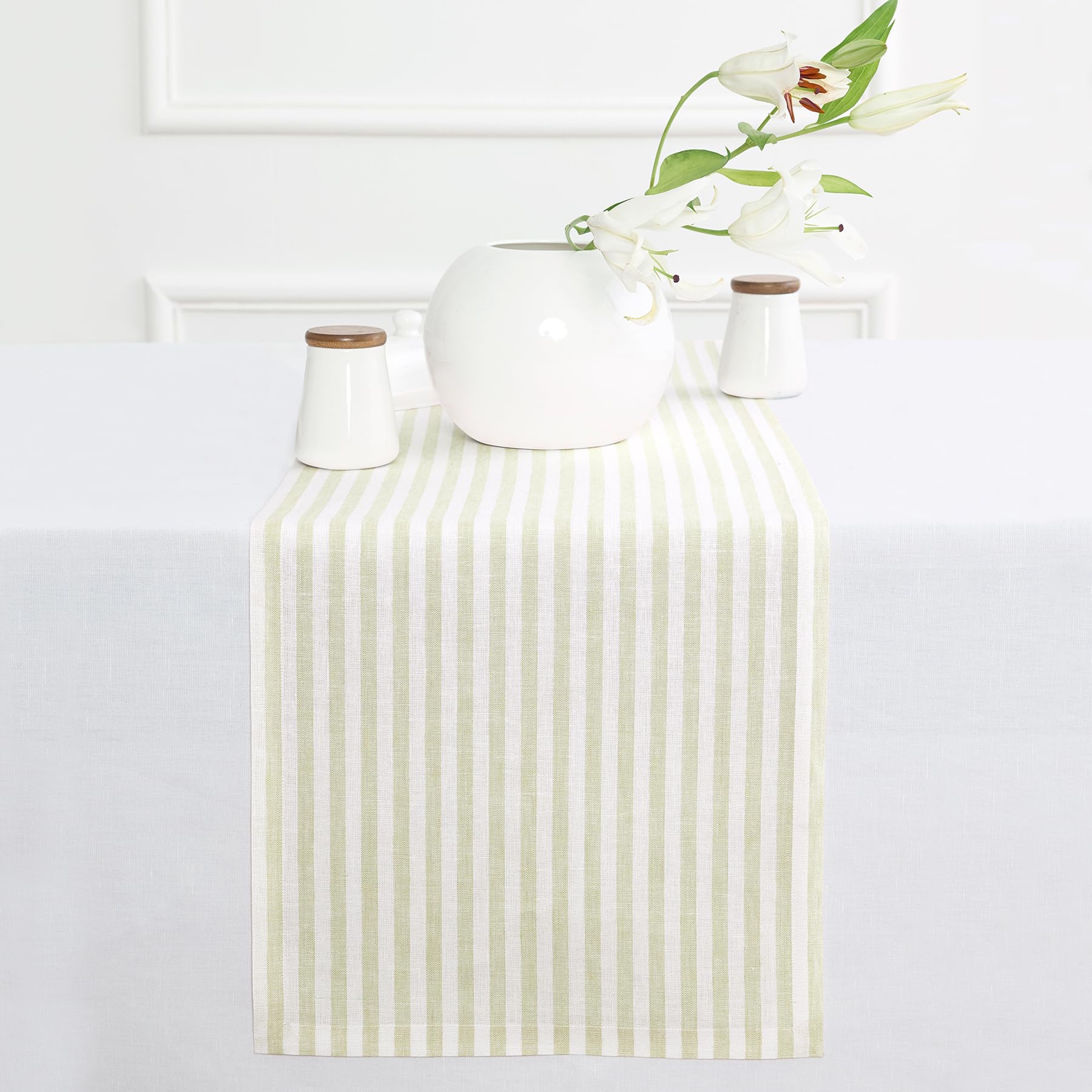 Solino Home Linen Table Runner 36 Inches - Amalfi Stripe 100% Pure Linen Natural and White Table Runner 14 x 36 Inch Ideal for Dresser and Coffee Tables - Summer