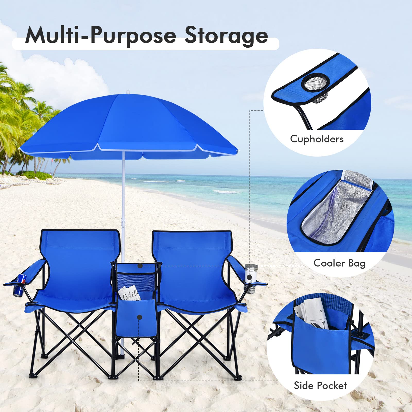 COSTWAY Double Portable Picnic Chairs, Folding Camping Chairs w/Detachable Umbrella, Cooler Bag, Cup Holders, Patio Beach Camping Chairs for Outdoors