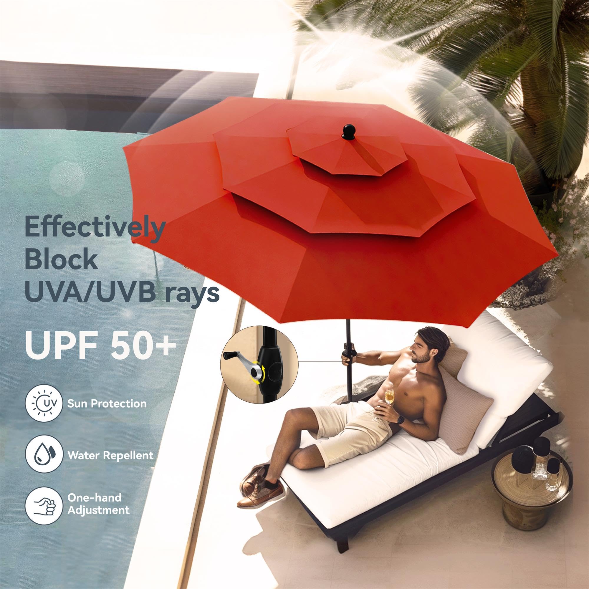 PHI VILLA 10ft Patio Umbrellas, Outdoor 3 Tier Vented Large Market Table Umbrella with 8 Sturdy Ribs and 1.5" Umbrellla Pole for Lawn Poolside Garden Terrace, Beige(No Base)