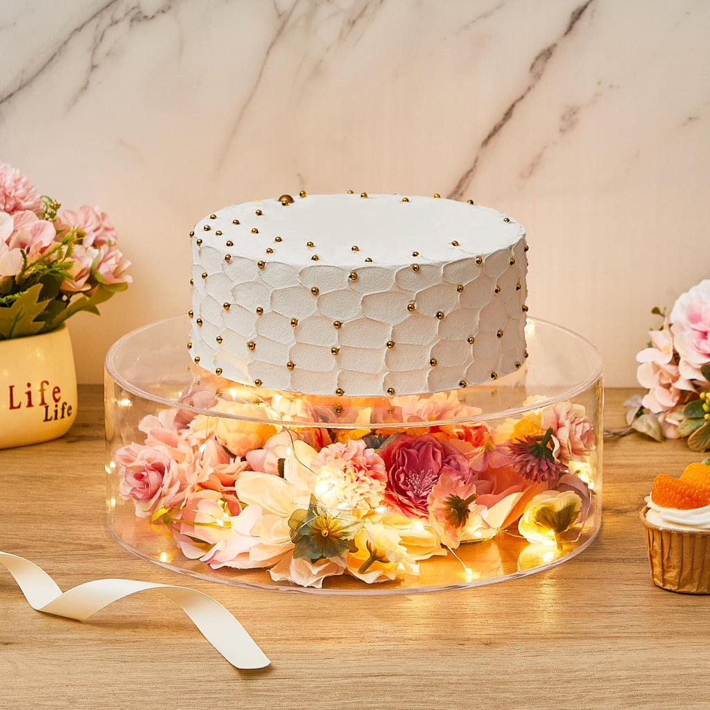 Sunnyray 2 Pcs Acrylic Cake Stands for Dessert Table Clear Fillable Cake Riser Cupcake Tier with LED Strings for Birthday Wedding Holiday Party Display(6'', 8'')