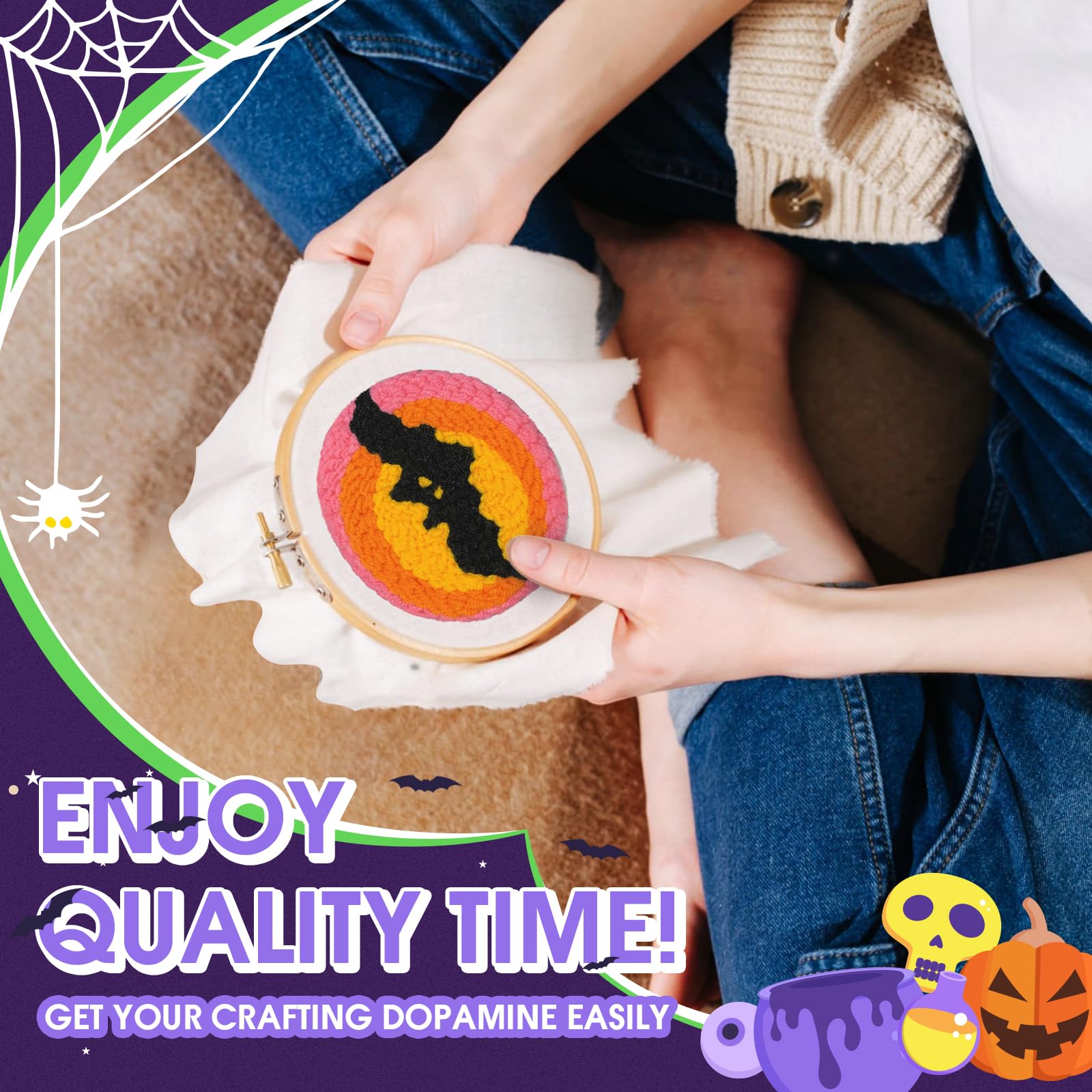 yuegool 6PCS Enchanted Oddities Punch Needle Coasters Kit – Easy DIY Embroidery Kit for Beginners, Adults & Kids | Includes Patterns, Tools, Yarns, Hoop, Instructions, Coaster Holder