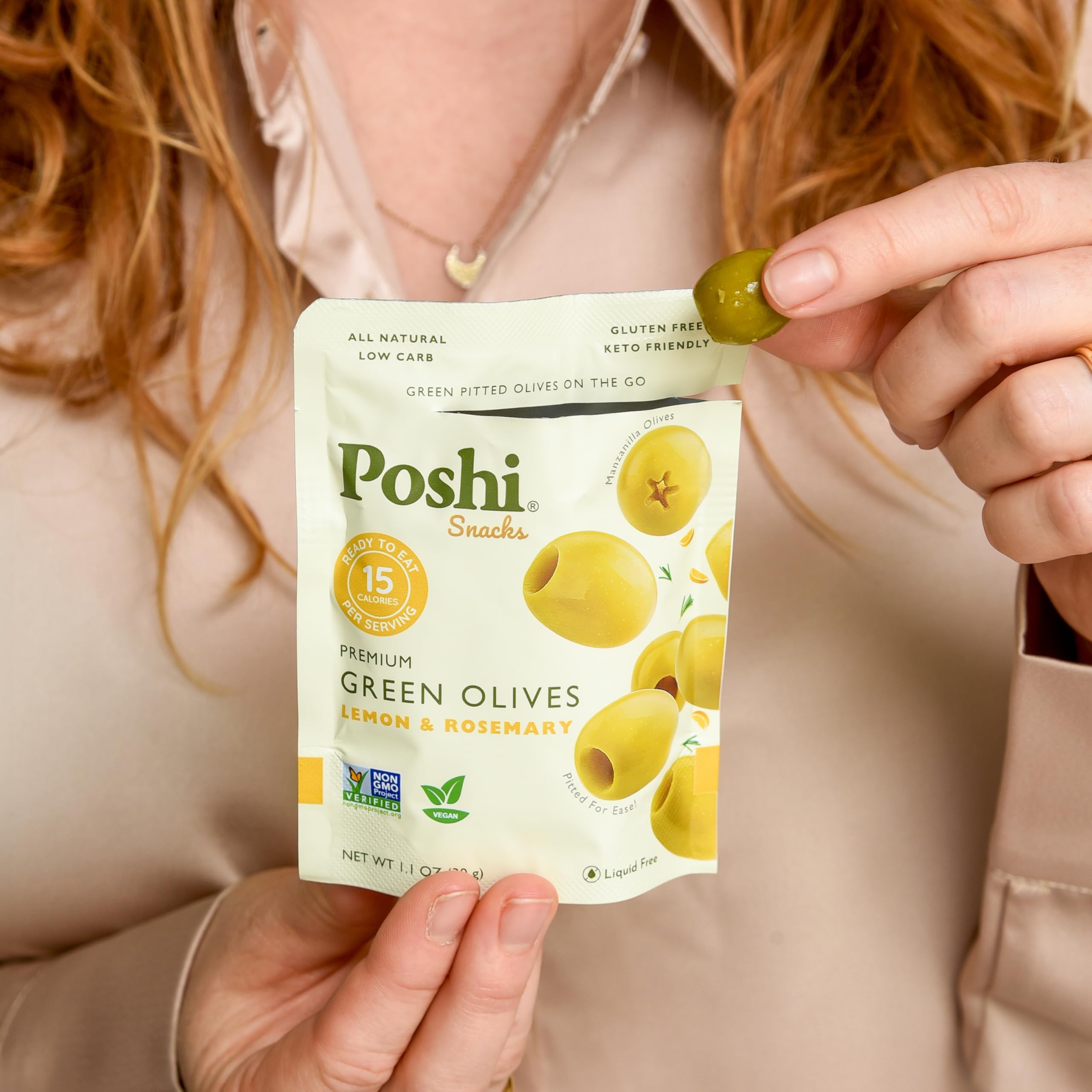 POSHI Green Pitted Olives - Basil & Garlic | Vegan, Kosher, Gluten Free + Keto Friendly, Fresh, Low Calorie Healthy Snacks | (30 Pack, 1.1oz Bags)