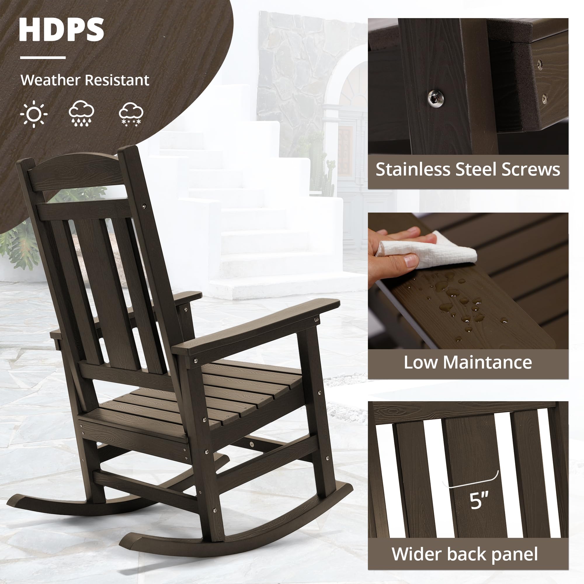 LUE BONA Rocking Chair Outdoor, Weather Resistant HDPS Plastic Rocker Chairs, 350lb Heavy Duty, Oversized Porch Rocker for Adult, High Back Smooth Rocking Chairs for Outdoor & Indoor, Aruba Blue