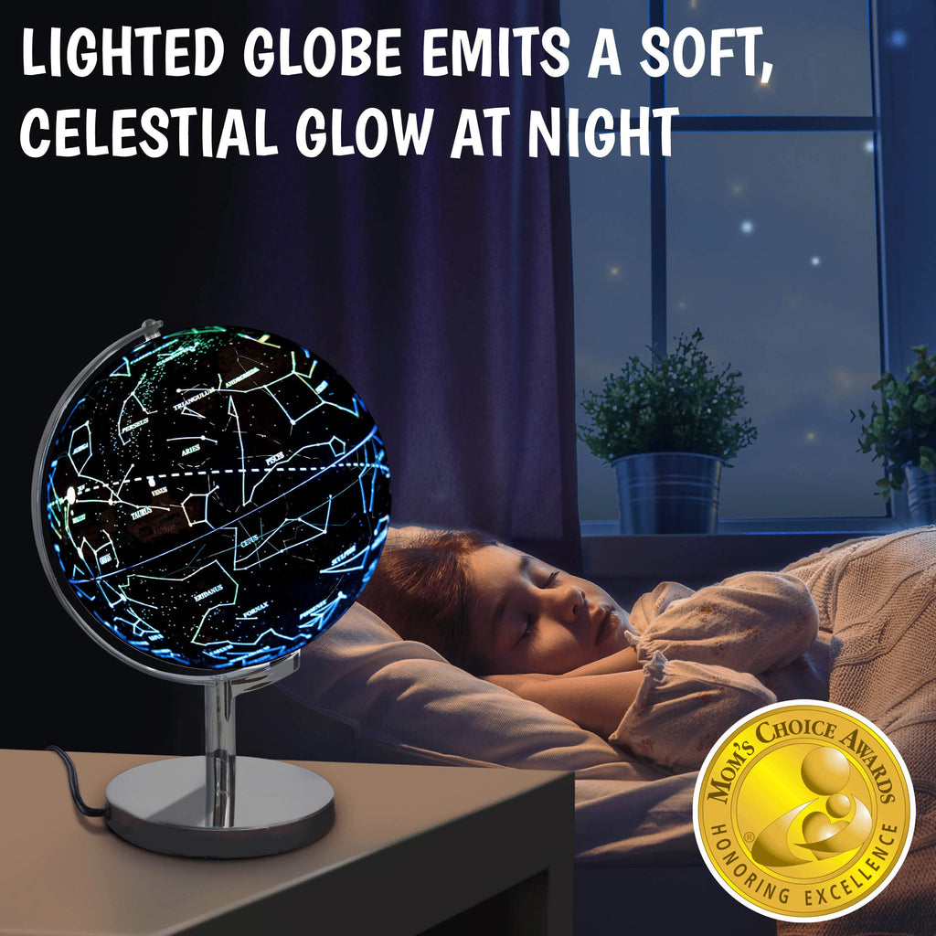 USA Toyz Illuminated Globe for Kids Learning- 3-in-1 STEM Globes of the World with Stand, Constellation Map, Built-in LED Night Light Desk Globe Lamp, Non-Tip Metal Base, 9.75” Tall, 7 Inch Diameter