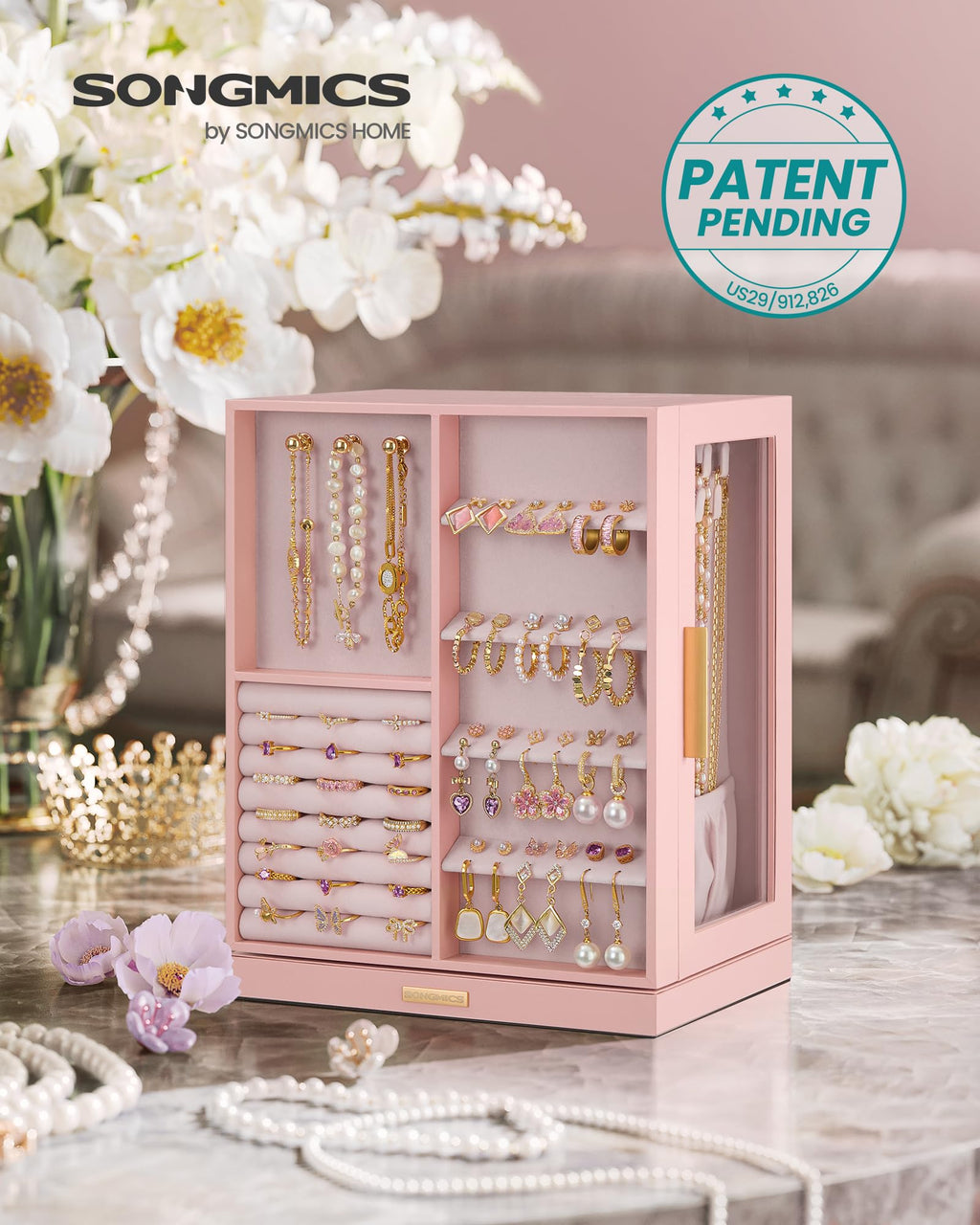 SONGMICS GISELLA Collection - Jewelry Box Organizer 360° Rotating, Vertical Jewelry Storage Case with 5 Drawers, Glass Window, Spacious, Open Design, Great Gift, Cloud White UJBC170W01