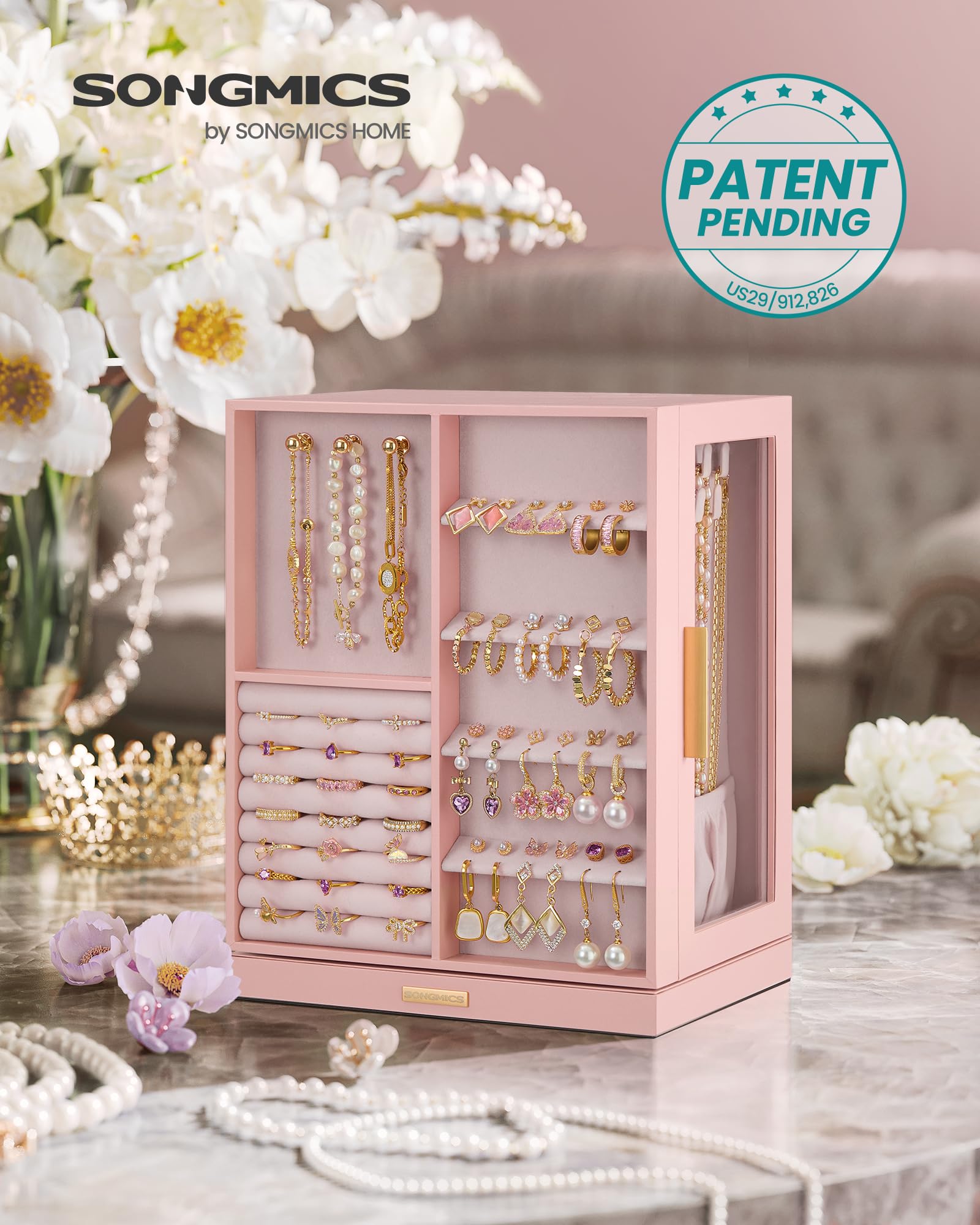 SONGMICS GISELLA Collection - Jewelry Box Organizer 360° Rotating, Vertical Jewelry Storage Case with 5 Drawers, Glass Window, Spacious, Open Design, Great Gift, Cloud White UJBC170W01