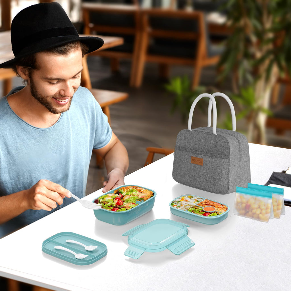 JBGOYON® Bento Lunch Box Set - 3 Stackable Containers for Adults and Kids- Includes Lunch Bag, Leak-Proof and BPA-Free - Built-in Utensil Set and Snack Bag - Dishwasher Safe(Grey Black)