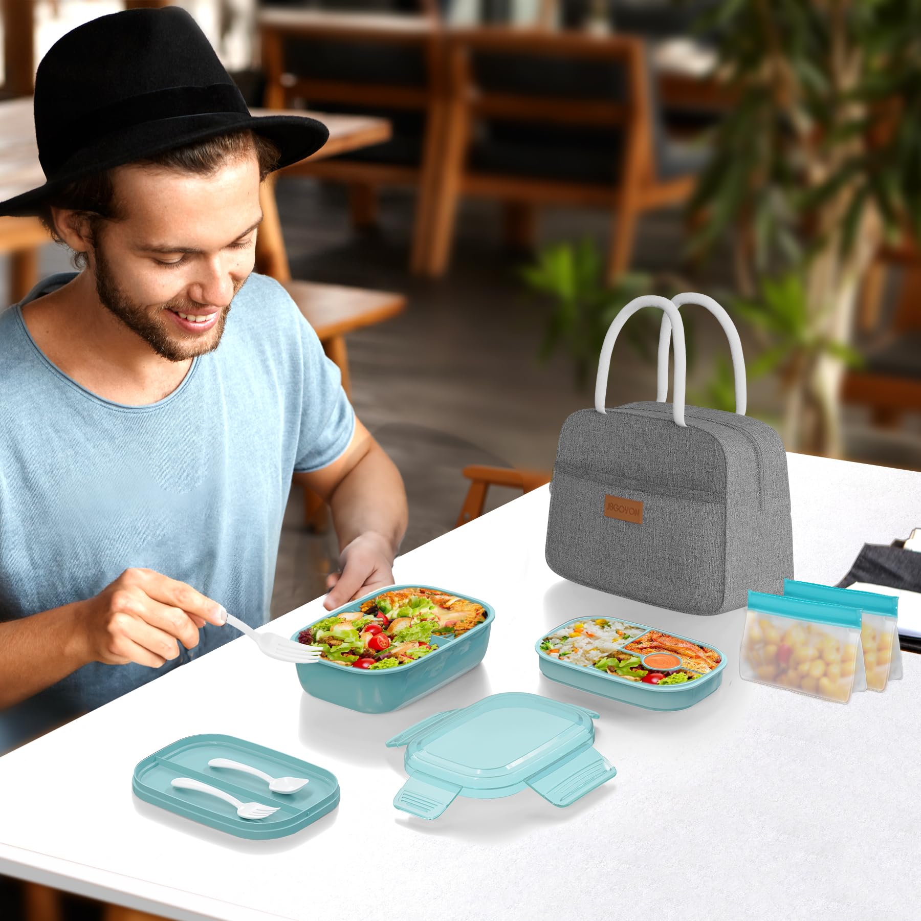 JBGOYON® Bento Lunch Box Set - 3 Stackable Containers for Adults and Kids- Includes Lunch Bag, Leak-Proof and BPA-Free - Built-in Utensil Set and Snack Bag - Dishwasher Safe(Grey Black)
