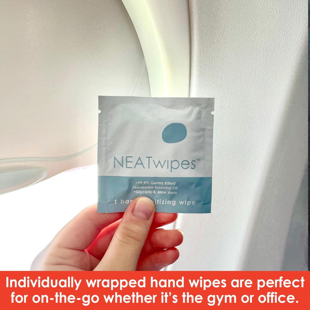 NEATwipes Hand Sanitizing Wipes | Travel Size | Disposable Wet Wipe & Biodegradable | Fresh Citrus Essential Oil | Soothing Aloe Vera | 24 Individually Wrapped Wipes