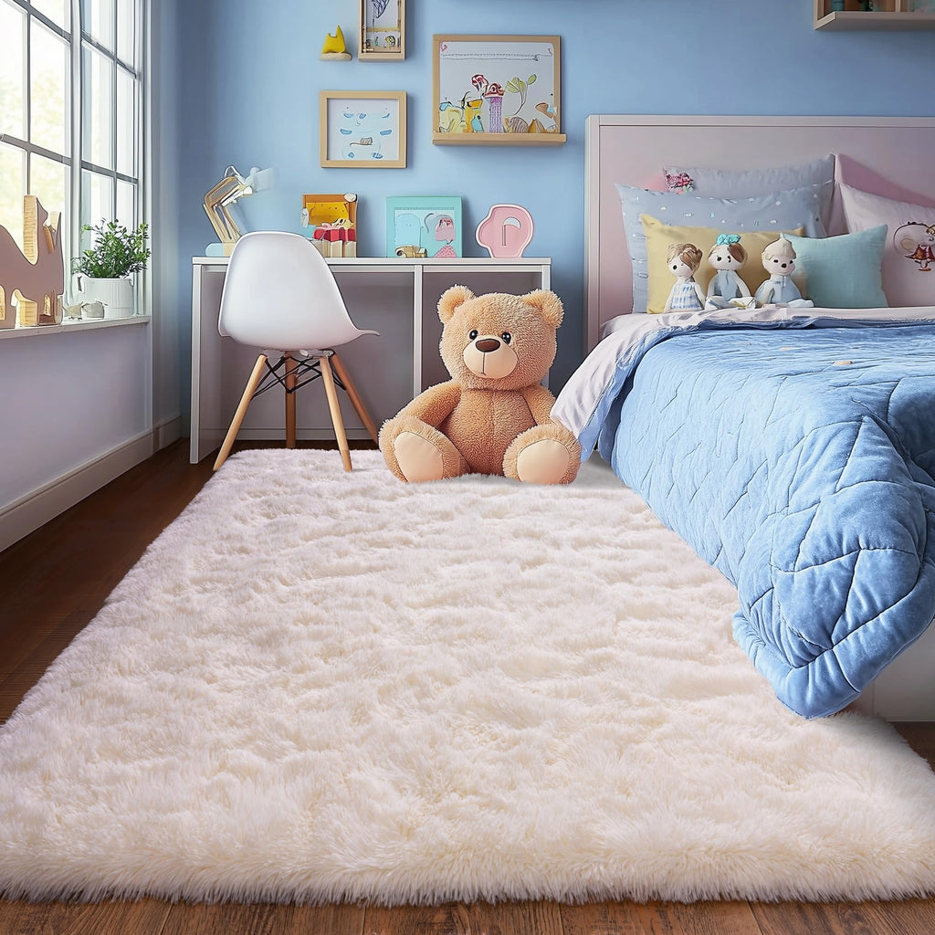 Beige Fluffy Rug for Bedroom 4x6ft - Ultra Soft & Non Slip Shaggy Area Rug, Comfy Durable Carpet for Living Room Kids Room Teens Dorm Home Decor, 1.7'' Thick Indoor Plush Carpets
