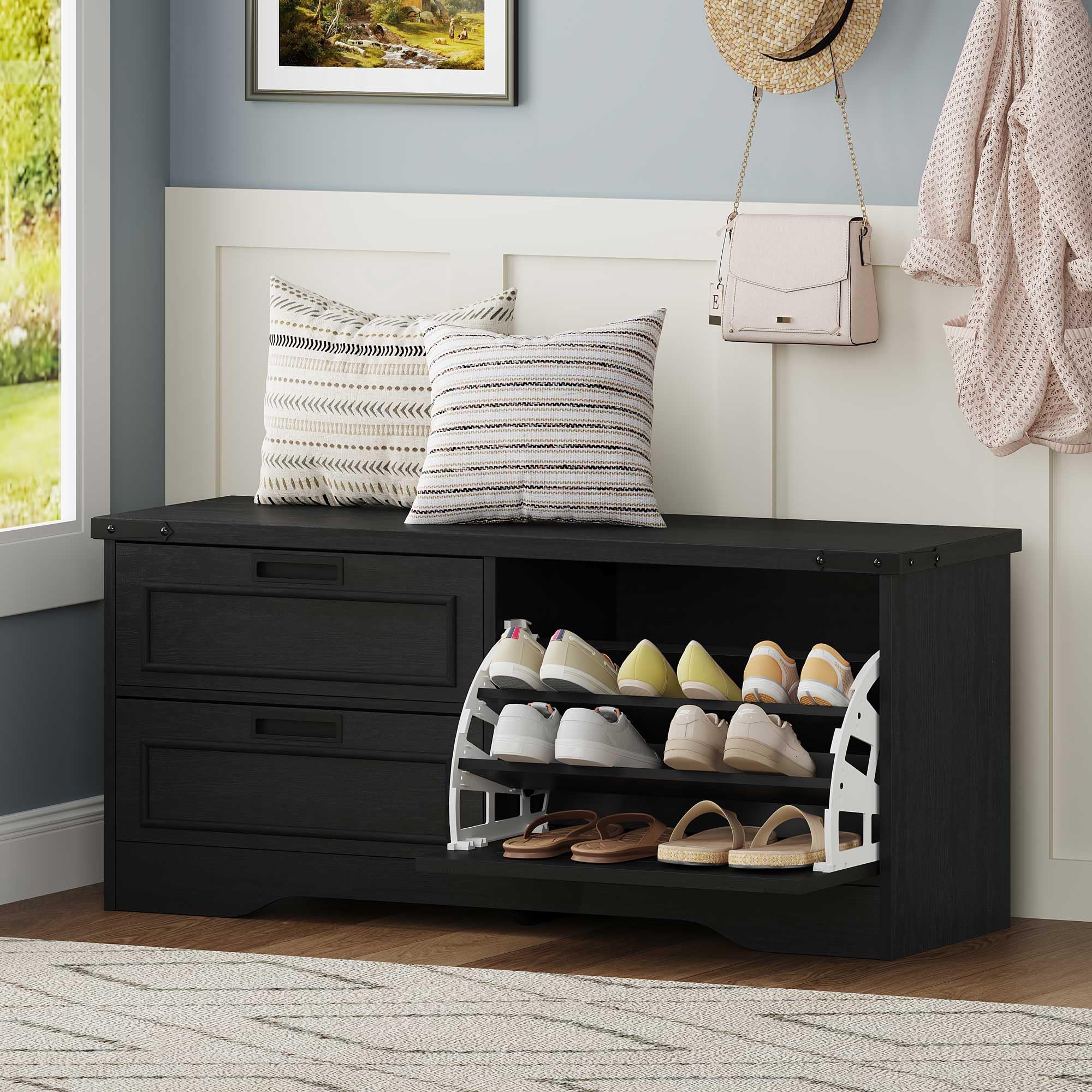 FATORRI Entryway Bench with Storage, 41 Inch Shoe Storage Bench, Industrial Wood Shoe Bench for Entry Way, Living Room, Bedroom and Mudroom (Black)