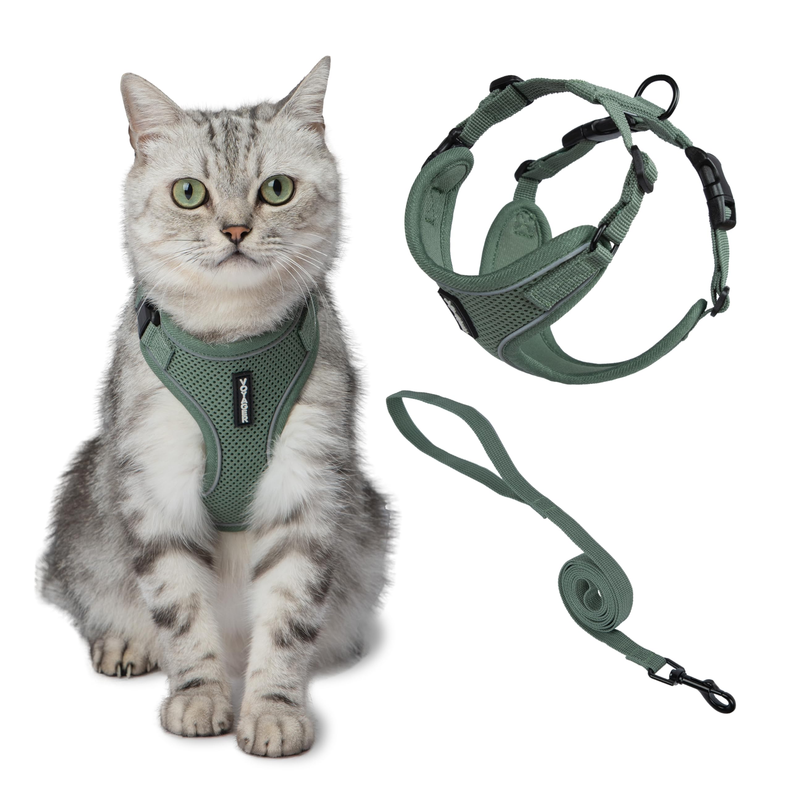 Voyager Escape-Proof Step-in Lock Cat Harness & 5ft Neoprene-Handle Leash Set All-Weather Mesh with Reflective Stitching for Small to Large Cats by Best Pet Supplies, Army (327), XXXS