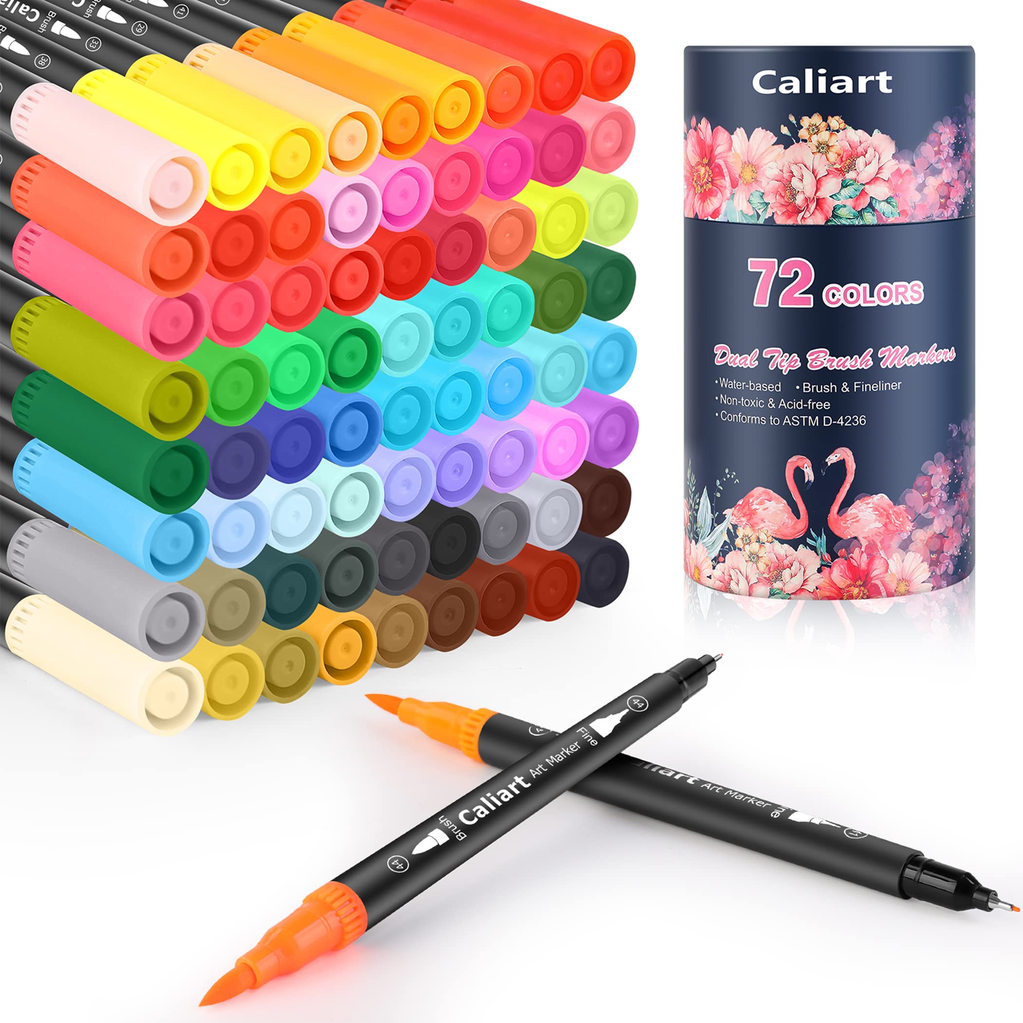 Caliart 34 Double Tip Brush Pens Art Markers, Artist Fine & Brush Markers for Adult Coloring Books Journaling Calligraphy Lettering Planners Cards Drawing Craft Kit Teacher Office Supplies