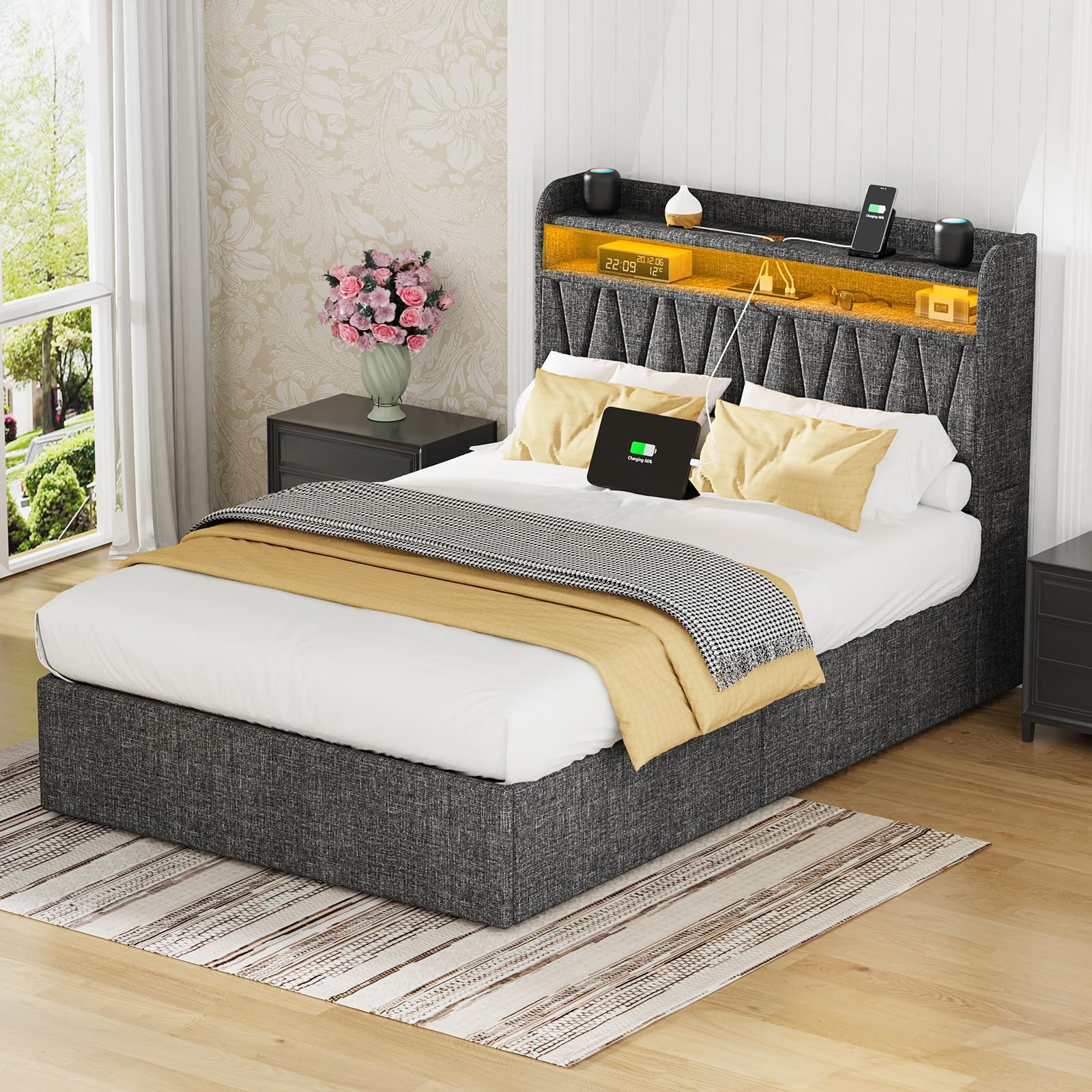 Queen Bed Frame 1500LBS Heavy Duty, 2-Tier Storage Headboard & 4 Drawers, Upholstered Metal Platform with Thicker Wooden Slats, Charging Station & LED Lights, No Box Spring Needed, Easy Assembly, Grey