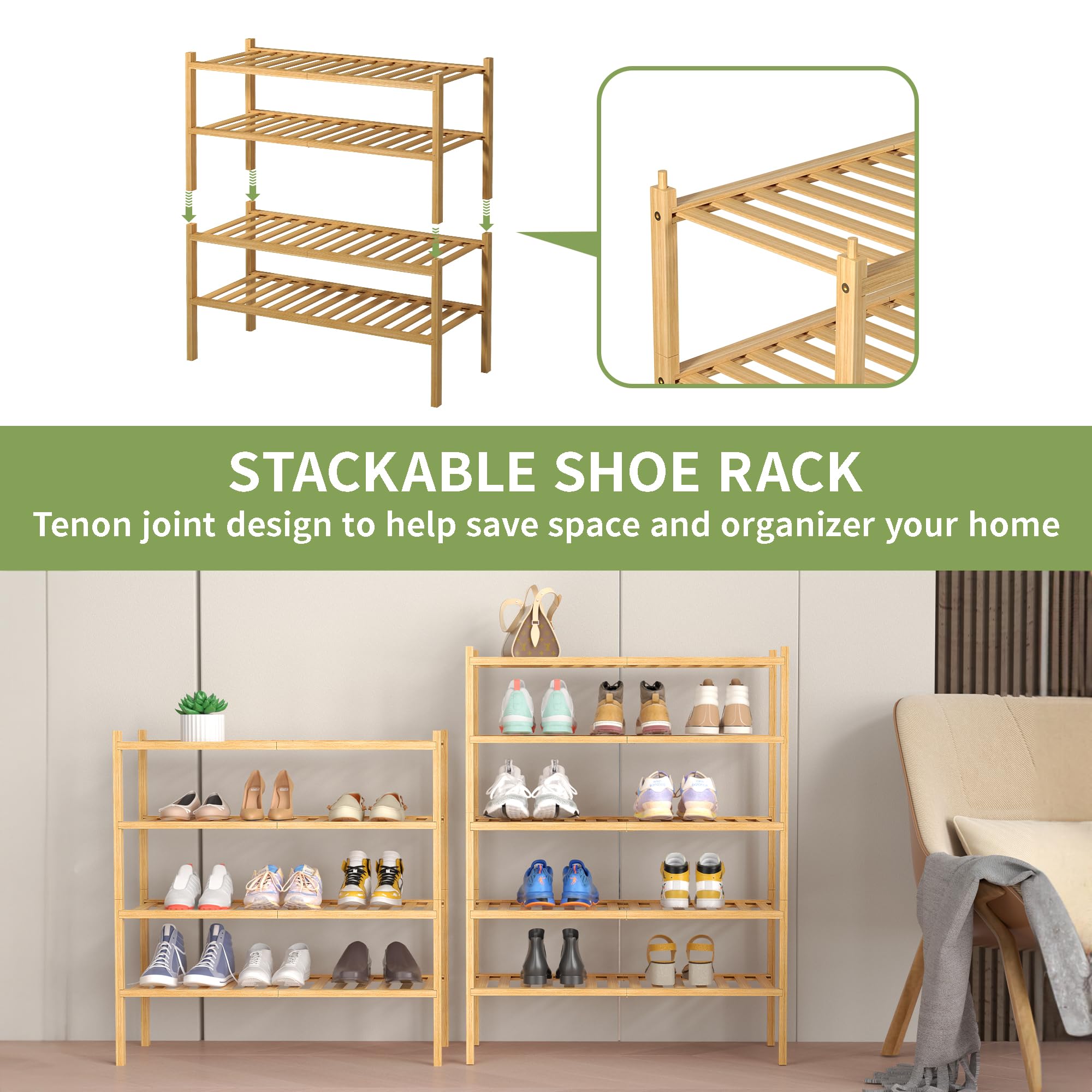 ROMGUAR CRAFT 2-Tier Bamboo Long Shoe Rack, Free Standing Wood Shoe Shelf Storage Organizer for Closet Entryway Stackable 35"x11"x13" (Black)