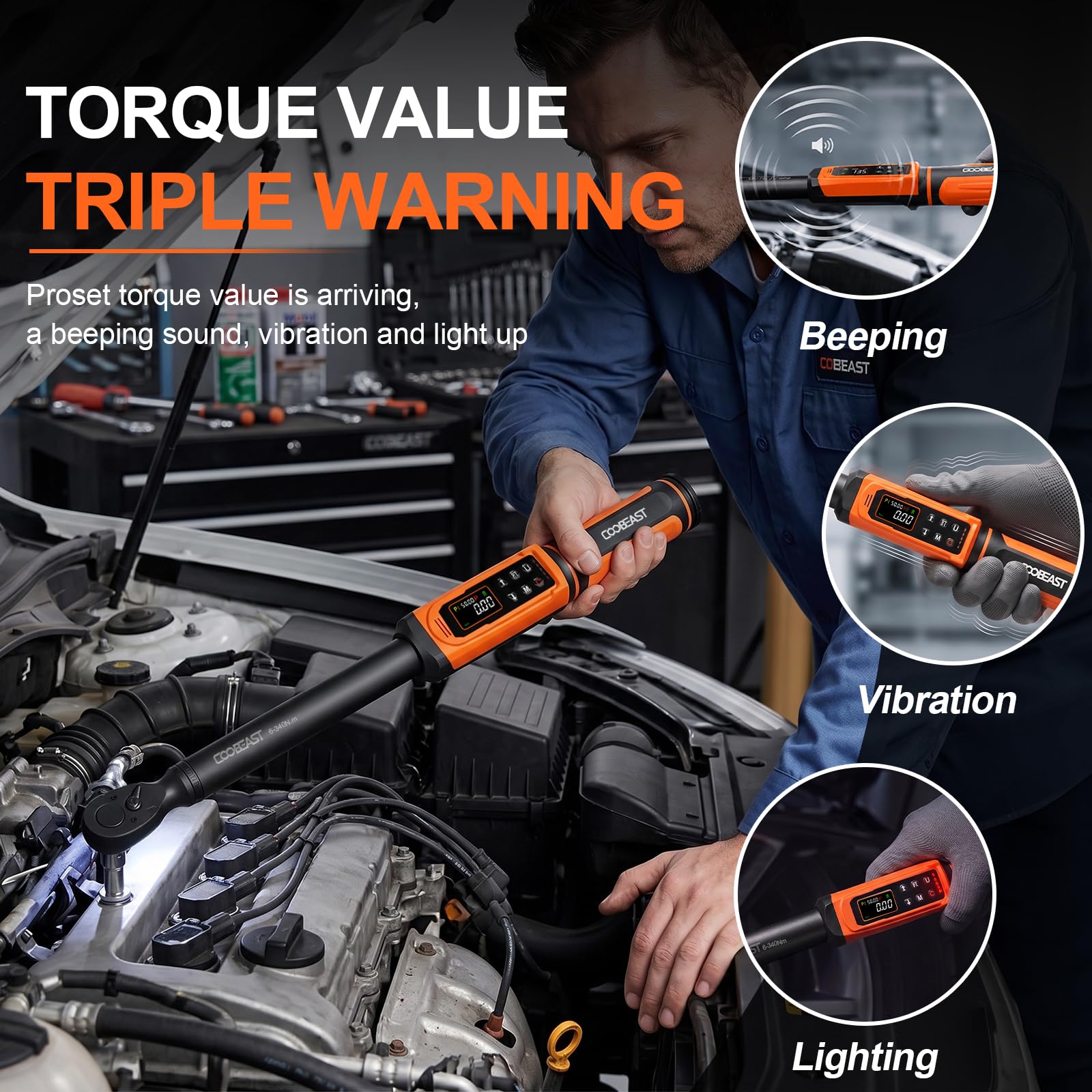 Digital Torque Wrench, 1/2 Drive Electronic Torque Screwdriver with Preset Value(3.76-250.8 Ft.lbs./5.1-340Nm), Buzzer and LED Flash Five Units of Measure Torque Wrench for Motorcycle, Auto Repair