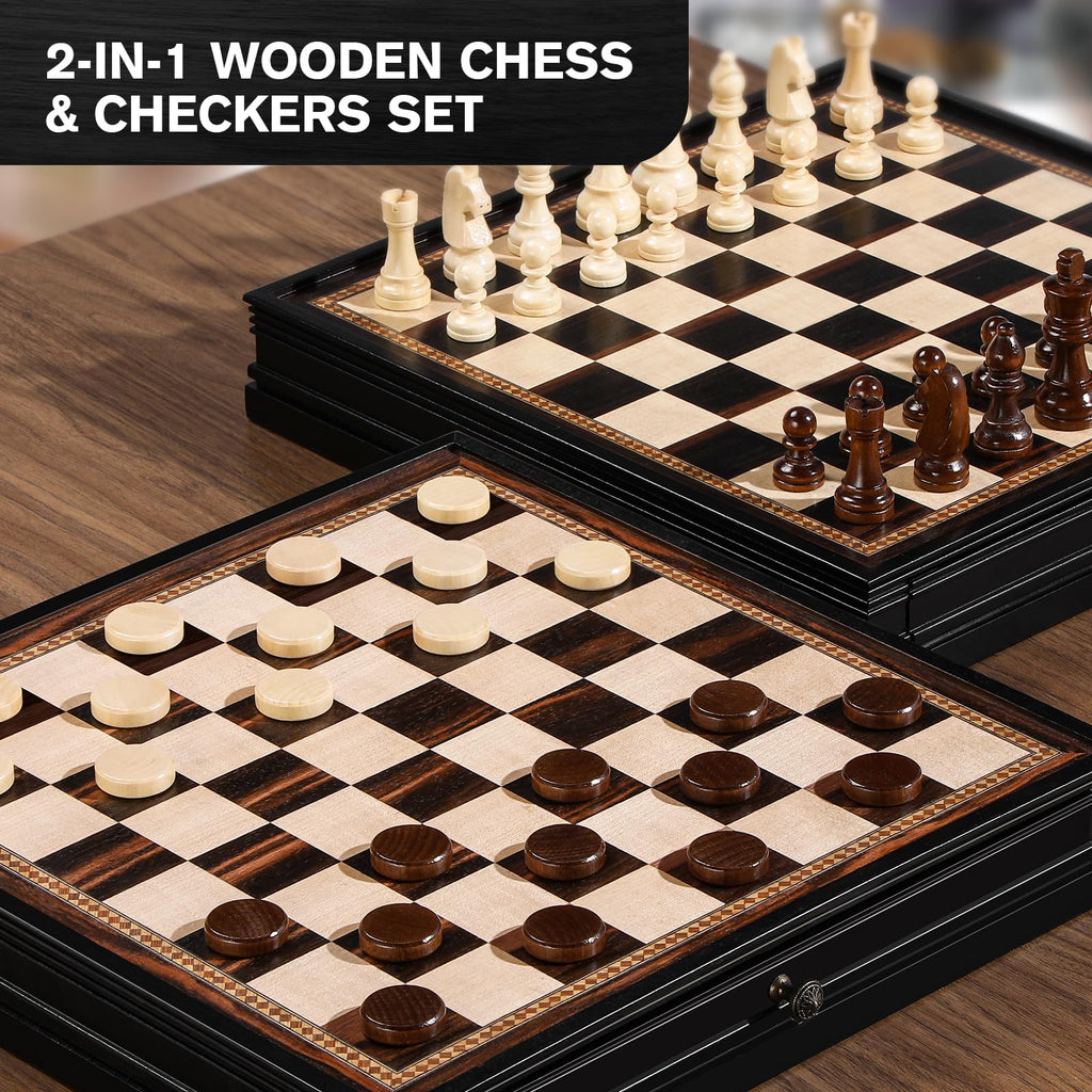 Peradix Magnetic Chess and Checkers Set with 2 Built-in Storage Drawers, Classic 2 in 1 Wooden Board Games, Magnetic Chess Pieces 2 Extra Queens, 12.8" Chess Set for Adults and Kids Gift Package