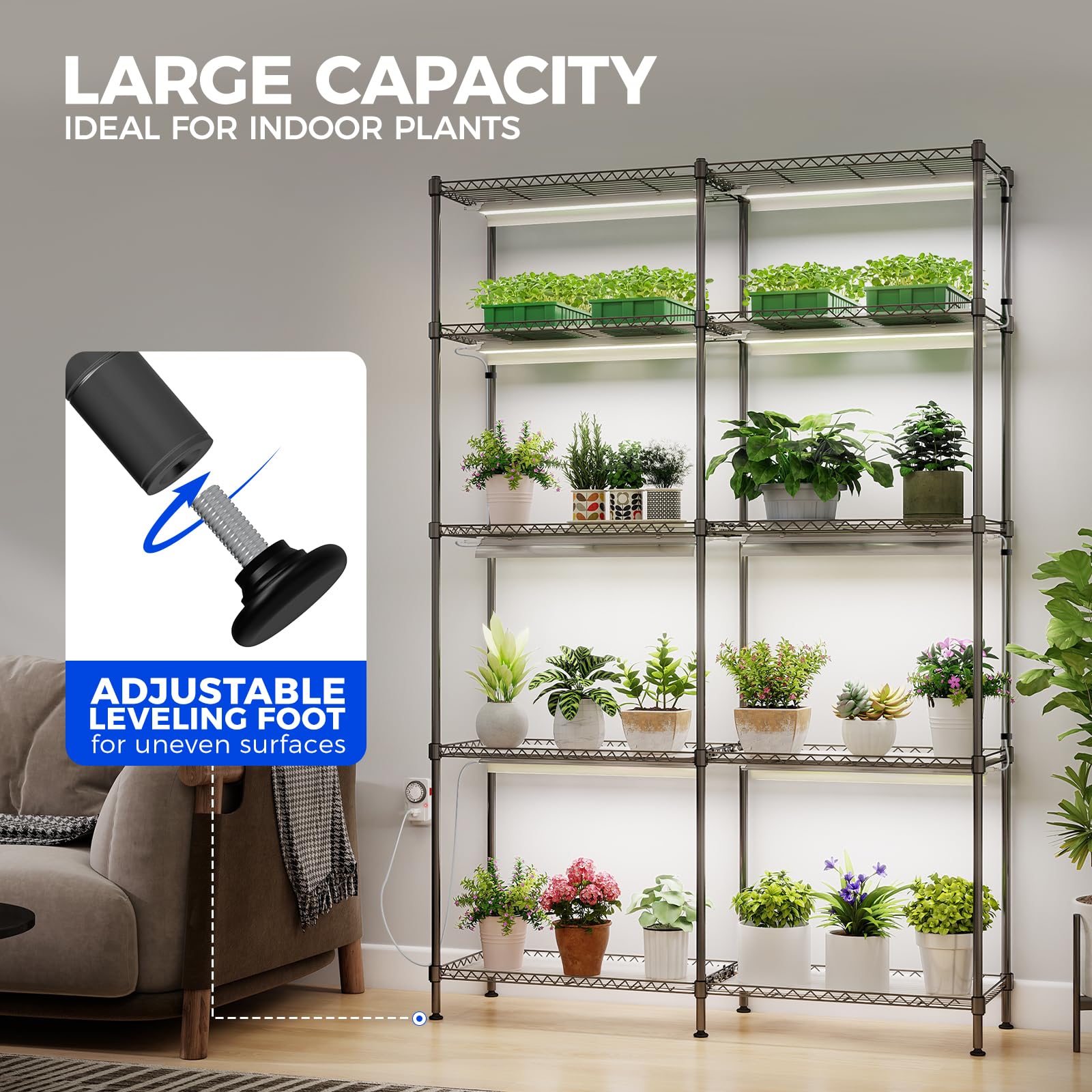 CX2 Plant Stand with Grow Lights for Indoor Plants, 6-Tier Metal Plant Shelf Display Rack with 2FT 150W Full Spectrum Plant Light, 3 Adjustable Spectrum, Timer, for Growing, 29.5x13.8x71IN
