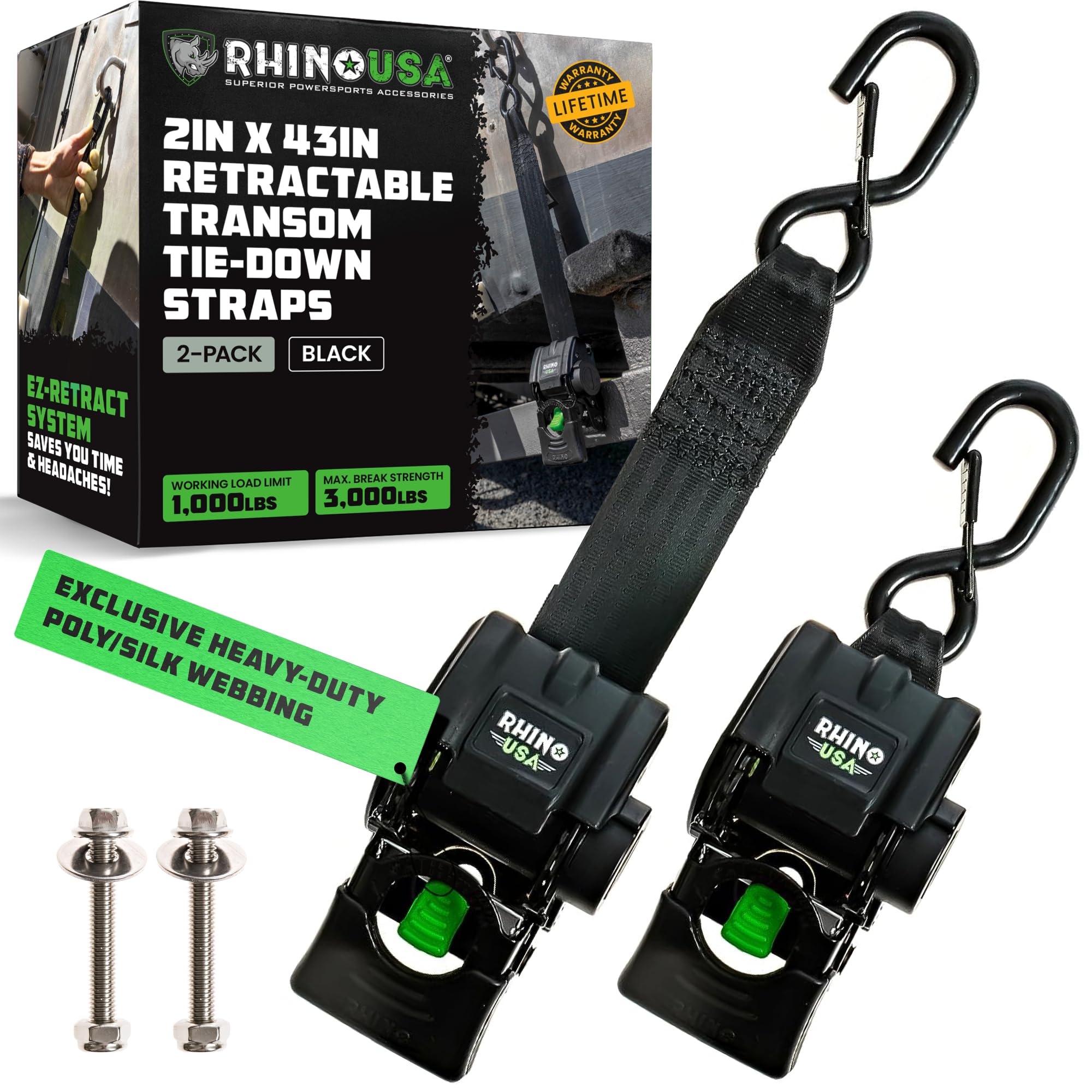Rhino USA Boat Trailer Straps (2-Pack) - Heavy Duty 2 Inch x 48 Inch Boat Tie Down Straps to Trailer - Ultimate Adjustable Transom Tie Down Straps for Trailering Safety with Boat, Jet Ski, & More!