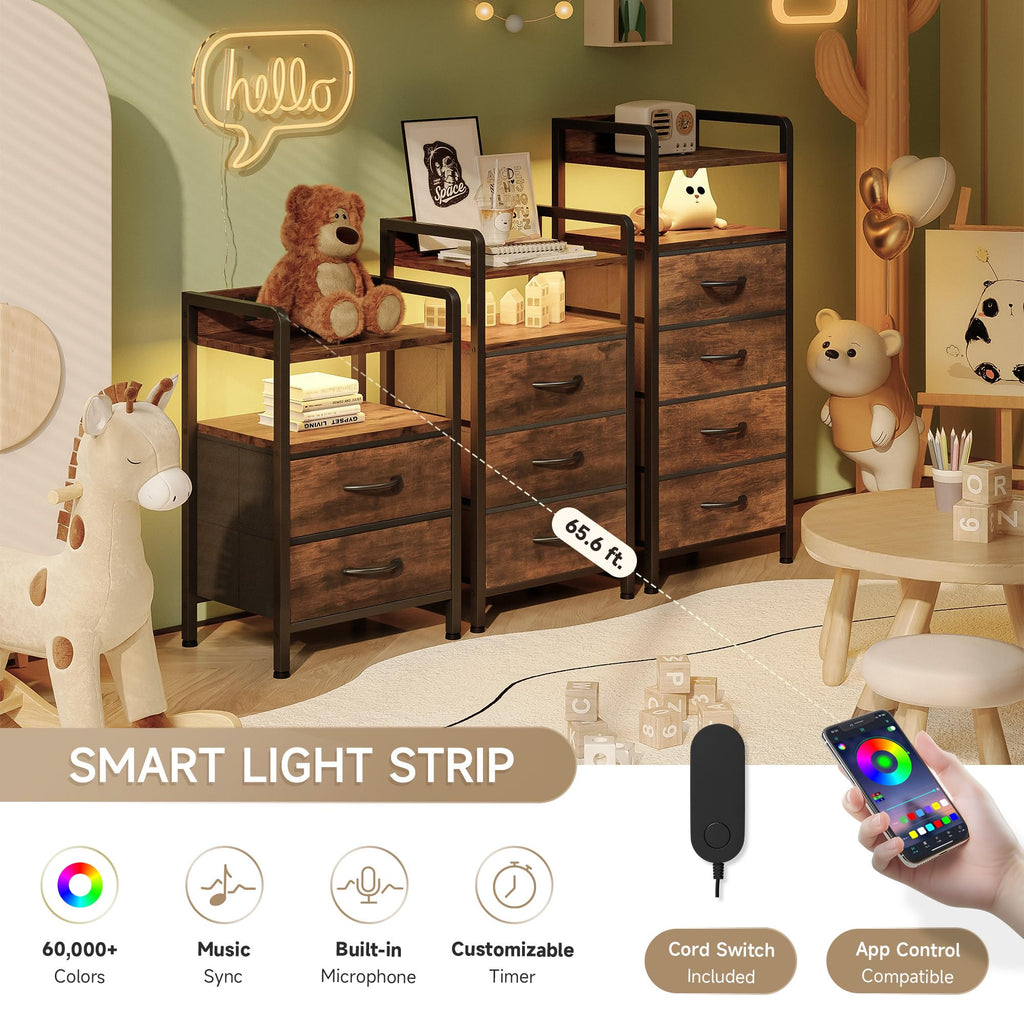 Lazzanto Night Stand Bedside Charger Bedroom - Nightstand with Charging Station & LED Light Strip, Night Stand with Storage Shelf & 2 Fabric Drawers, Morden End Table with U-S-B Ports & AC Outlets
