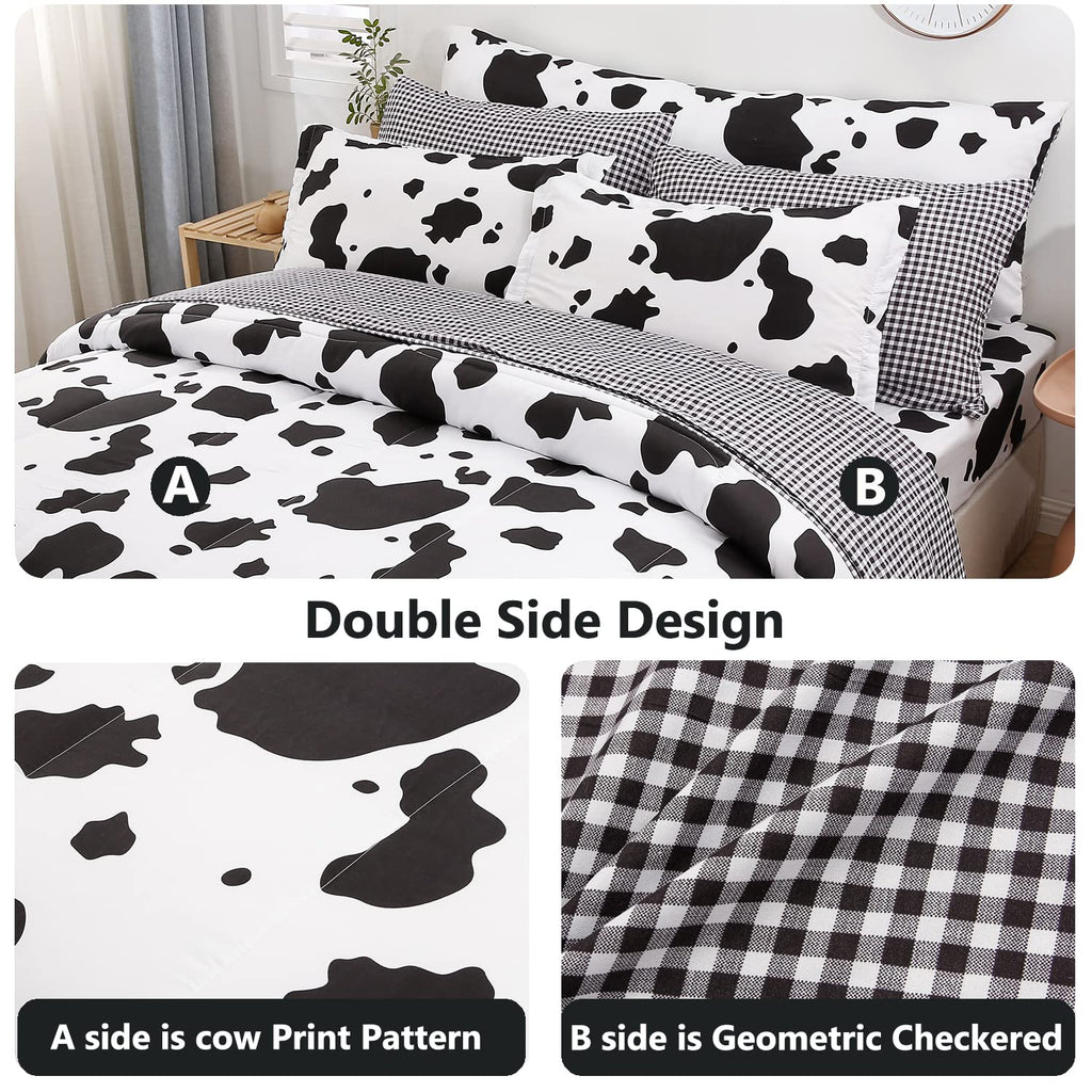 SUCSES Full Size Comforter Set with Sheets 8 Piece Cow Print Bedding Set for Boys Girls Black and White Kids Bed-in-A-Bag Farmhouse Rustic Bed Set for Bedroom (Milk Cow, Full)