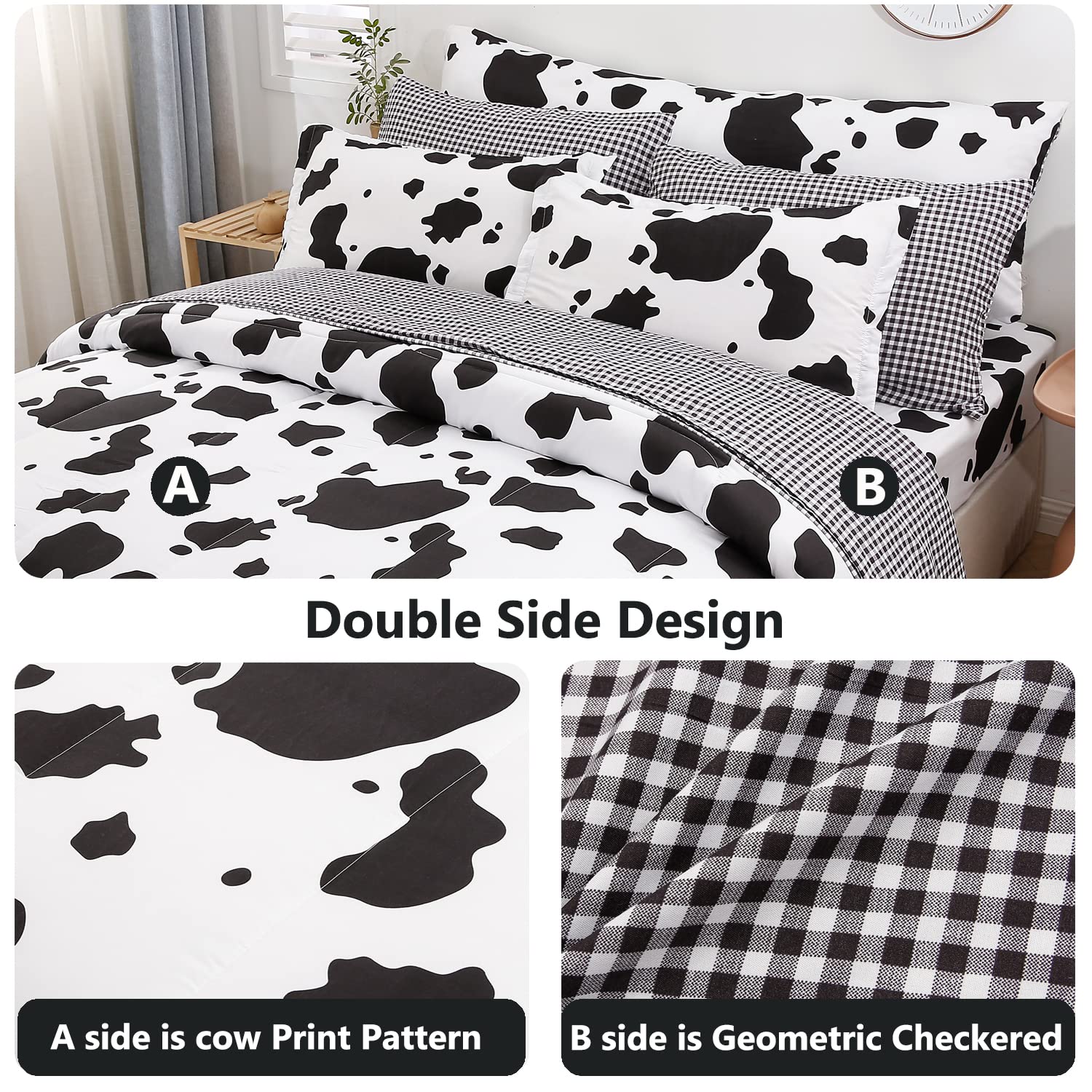 SUCSES Full Size Comforter Set with Sheets 8 Piece Cow Print Bedding Set for Boys Girls Black and White Kids Bed-in-A-Bag Farmhouse Rustic Bed Set for Bedroom (Milk Cow, Full)