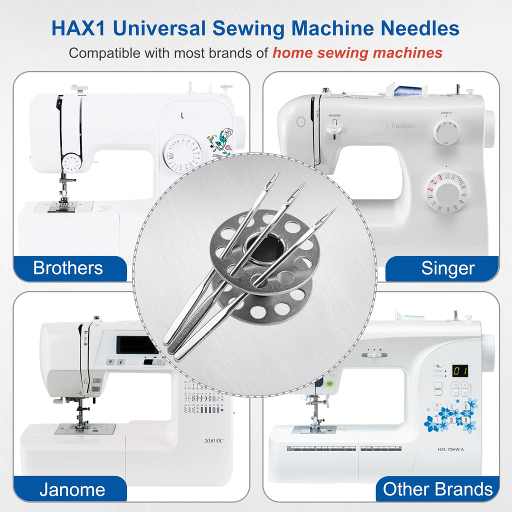 50 Pcs Universal Sewing Machine Needles HAX1 (65/9, 75/11, 90/14, 100/16 and Heavy Duty 110/18) Ideal for Various Fabrics, Compatible with Singer, Brother, Janome and Most Home Sewing Machine Brands