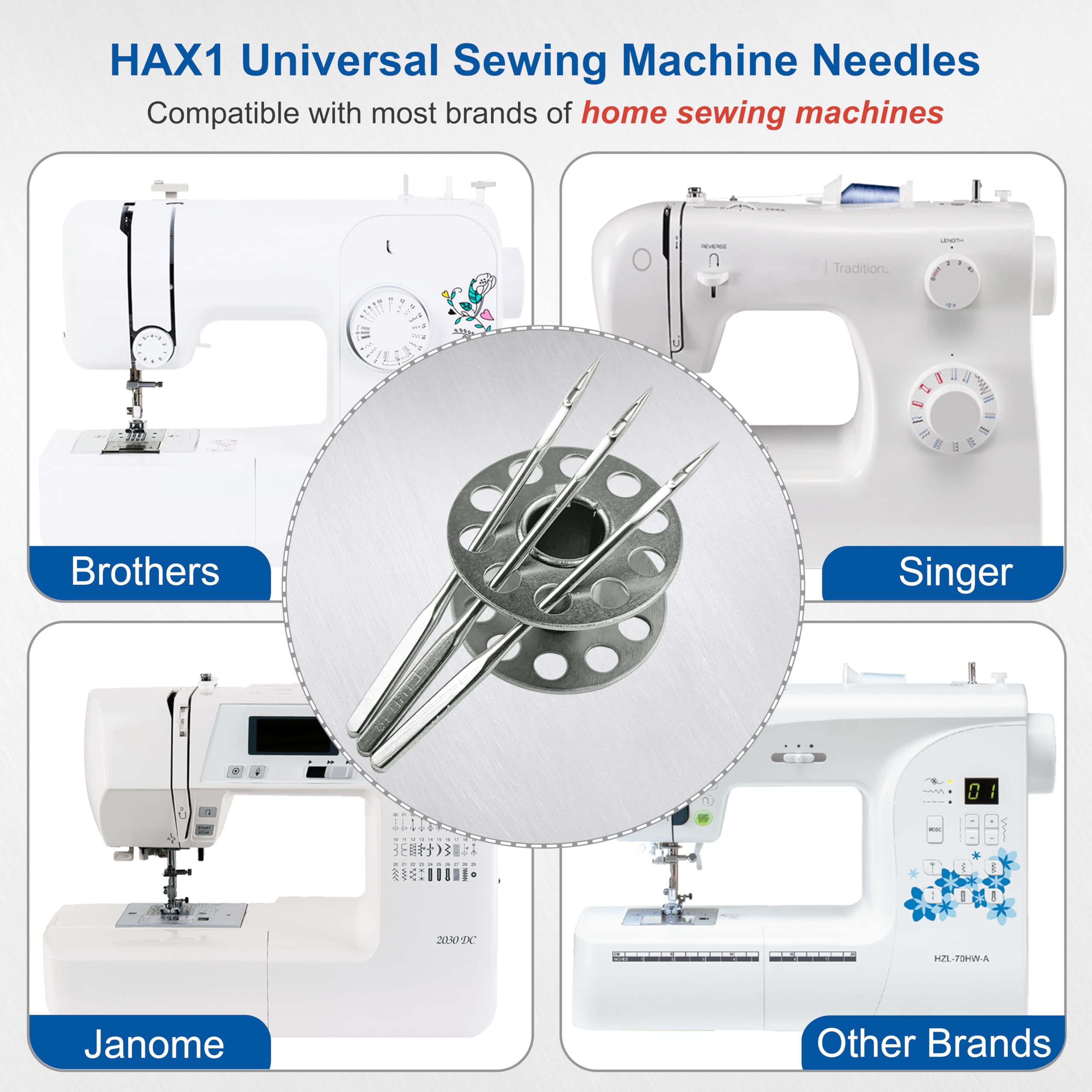 50 Pcs Universal Sewing Machine Needles HAX1 (65/9, 75/11, 90/14, 100/16 and Heavy Duty 110/18) Ideal for Various Fabrics, Compatible with Singer, Brother, Janome and Most Home Sewing Machine Brands