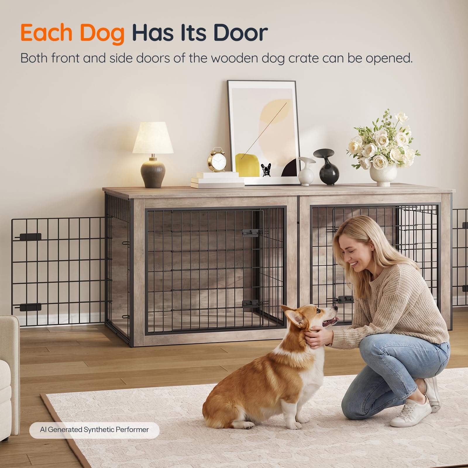 HOOBRO Dog Crate Furniture for 2 Dogs, 63" Large Double Dog Crate Furniture with Divider, Wooden Indoor Kennel TV Stand for Medium Large Dogs, Rustic Brown BF55GW03