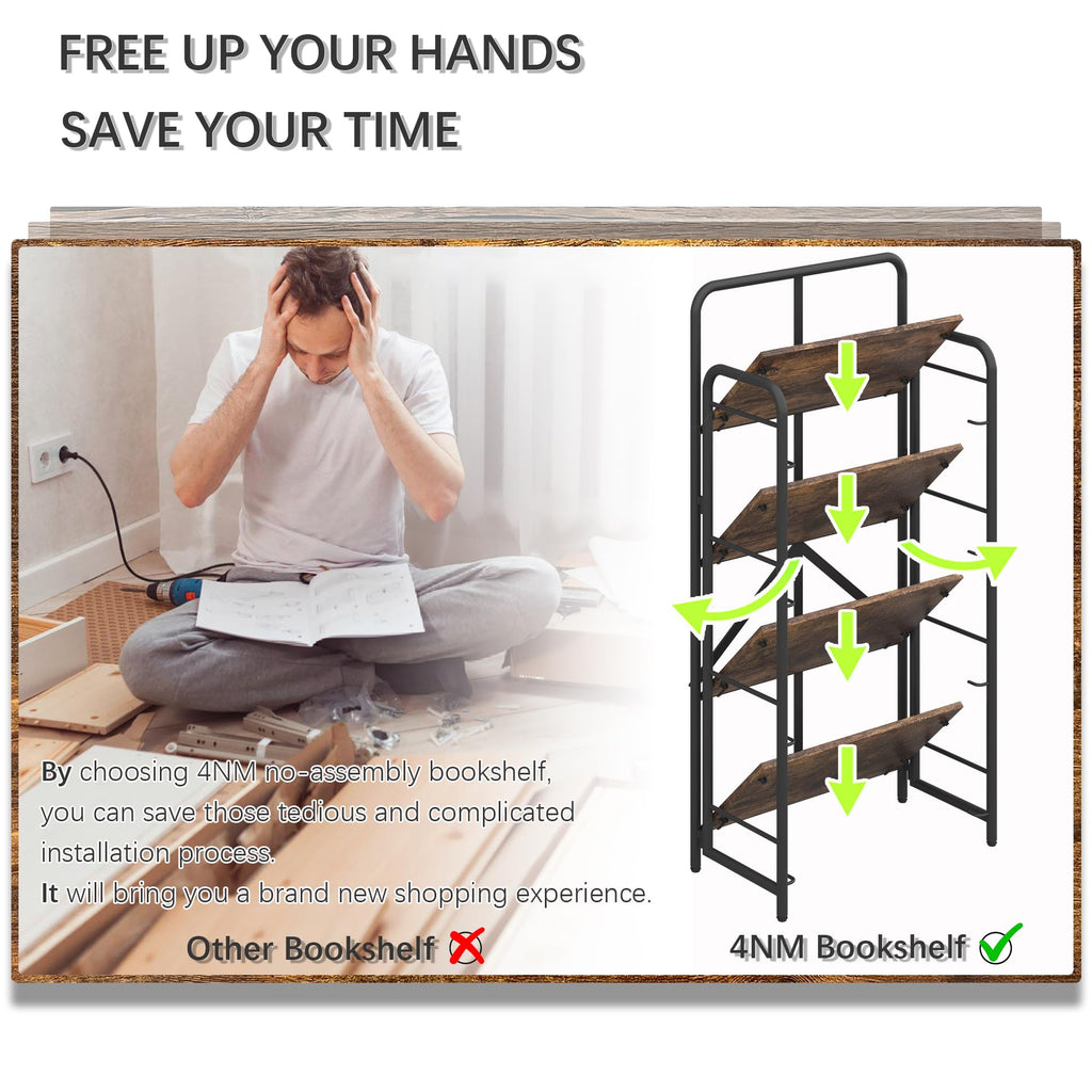 4NM No Assembly Folding Bookshelf, 3 Tiers Collapsible Book Shelves Open Industrial Foldable Storage Bookcase Shelf for Bedroom, Living Room, Home Office - Natural and White