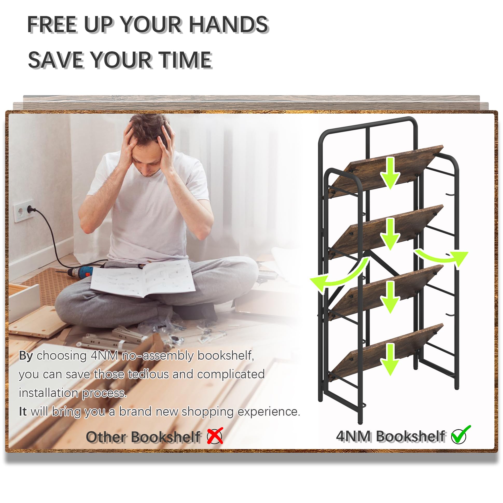 4NM No Assembly Folding Bookshelf, 3 Tiers Collapsible Book Shelves Open Industrial Foldable Storage Bookcase Shelf for Bedroom, Living Room, Home Office - Natural and White