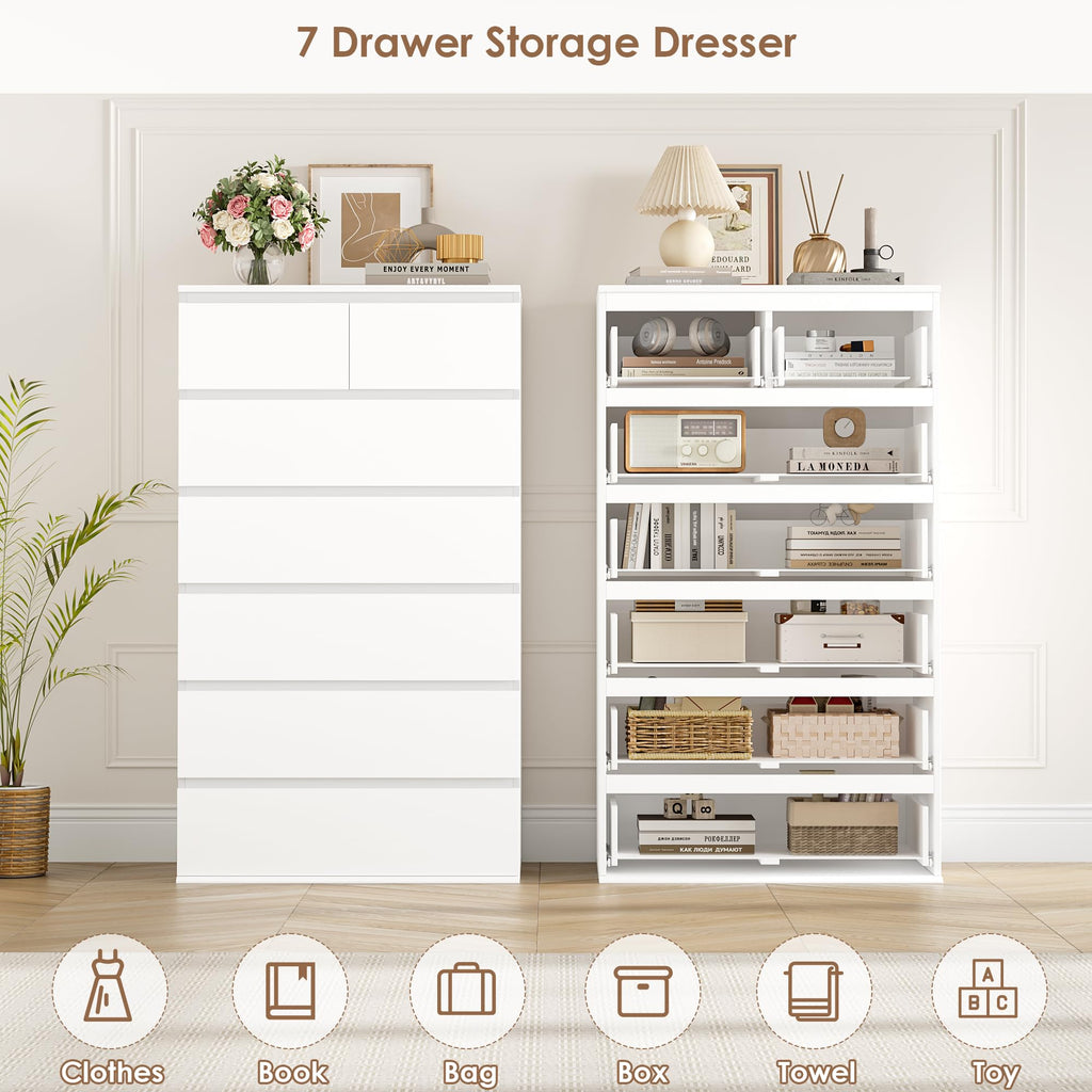 FOTOSOK 7 Drawer Dresser, Black Dresser Tall Dresser, 23.6W x 15.7D x 46.7H in Black Chest of Drawers with Large Storage Space for Home