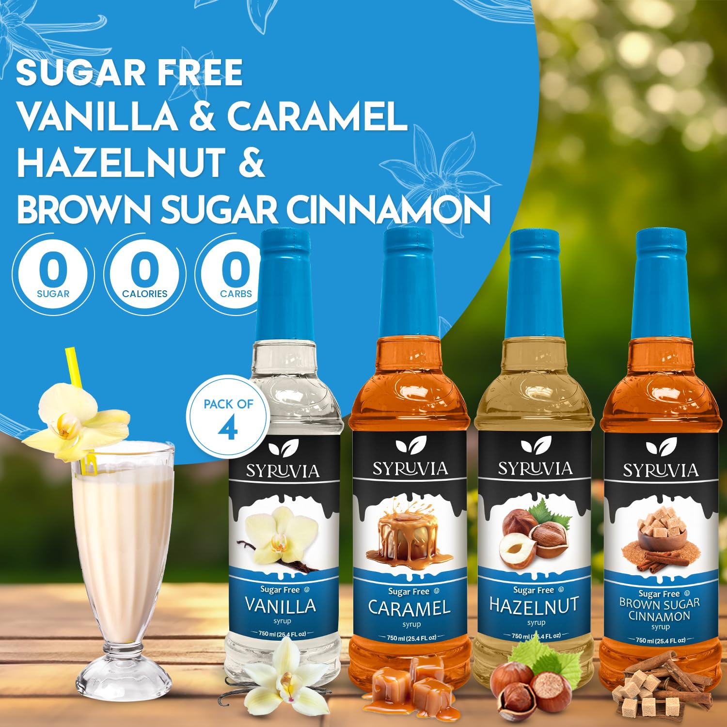 Syruvia Sugar Free Coffee Syrup Variety Pack: Vanilla, Caramel, Hazelnut, and Brown Sugar Cinnamon - Gluten-Free, Kosher, 25.4 fl oz Bottles - Enhance Your Coffee Experience,