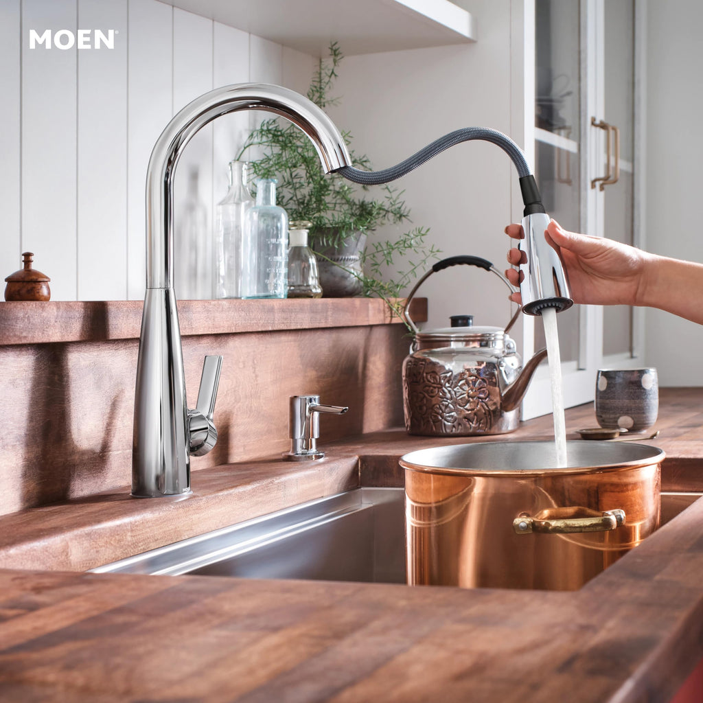 Moen Haelyn Pulldown Kitchen Faucet with Power Boost, 87627 | Pulldown sprayer, Power Boost technology, Soap dispenser included, Chrome finish, High arc faucet