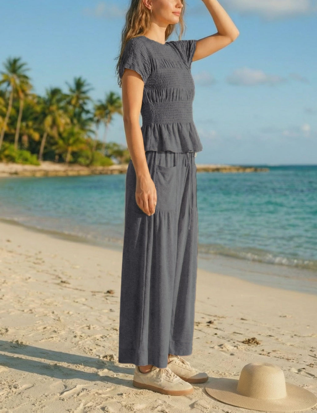Antnation Womens 2 Piece Smocked Top Wide-Leg Pants Set High-Waisted Lounge Outfit with Pockets Casual Boho Matching Set