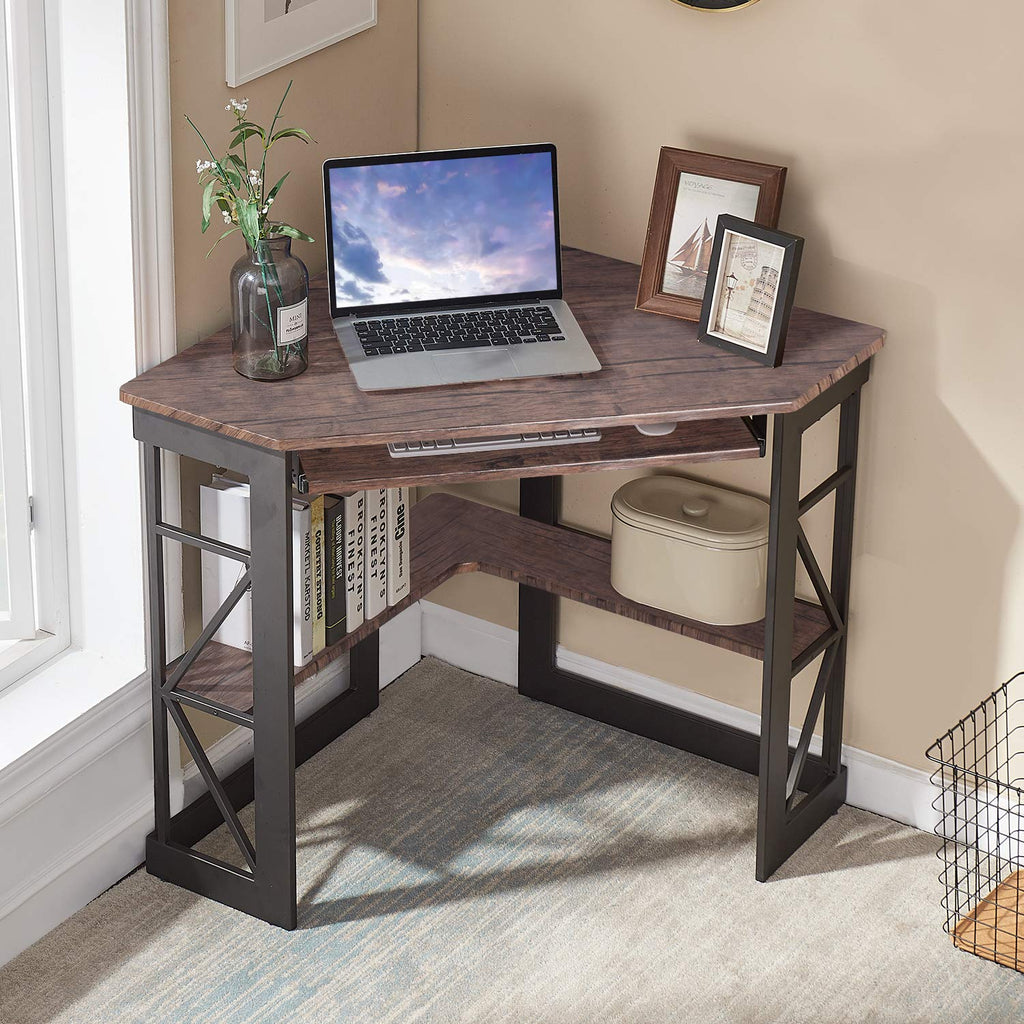 VECELO Corner Desk Computer Desk Writing Table with Smooth Keyboard Tray & Storage Shelves,Compact Home Office Triangle Table,Antique Brown
