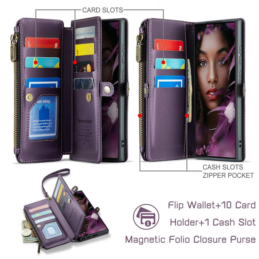 Defencase for Samsung Galaxy S25 Ultra Magnetic Wallet Case Compatible with Magsafe with RFID Blocking Zipper & Card Holder Women, PU Leather Detachable Phone Case for Galaxy S25 Ultra 6.9", Black