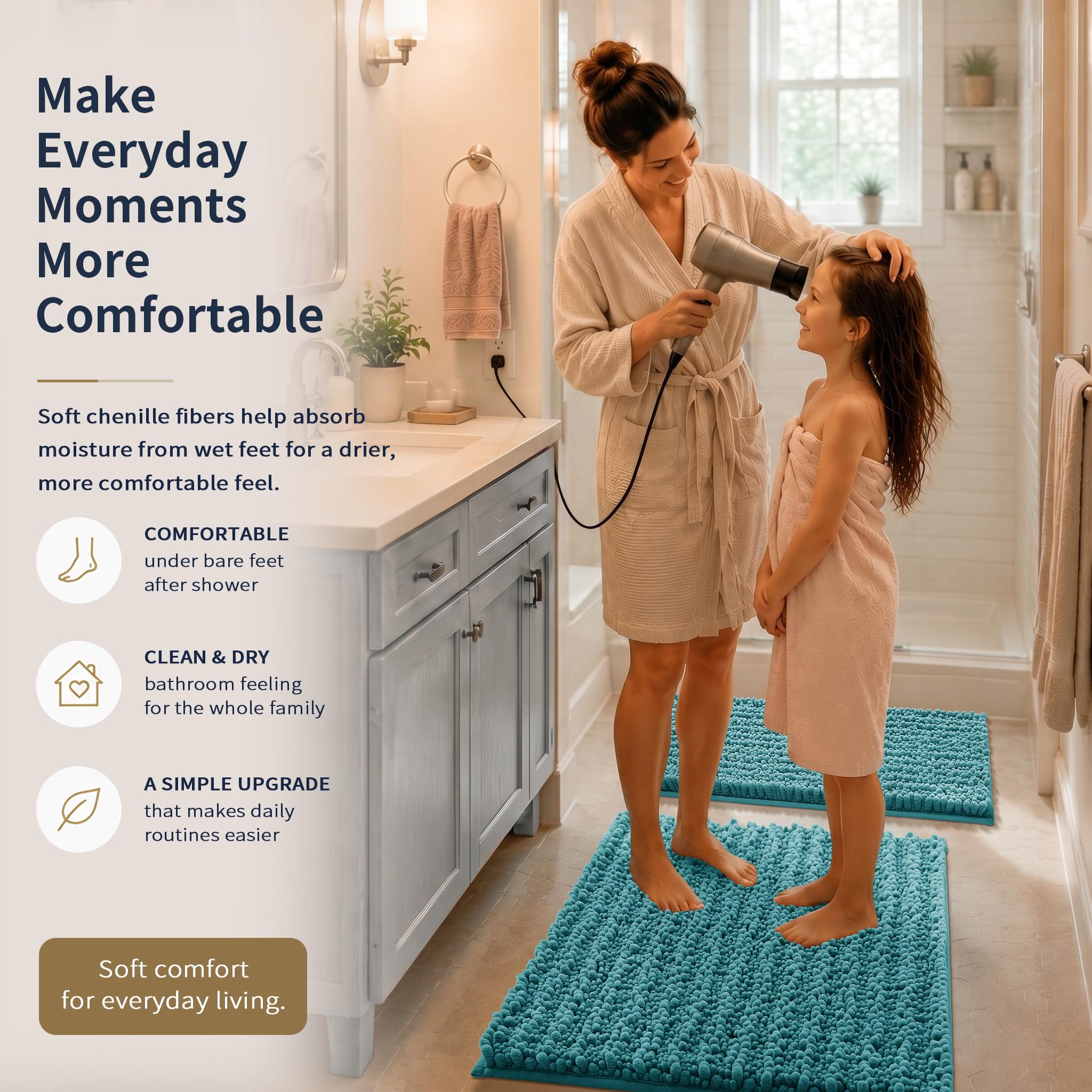 Yimobra Black Bathroom Rug Set 3 Piece - Super Absorbent Quick Dry Chenille Bath Mats & Toilet Rug, Non Slip Machine Washable, Extra Thick Shaggy Floor Mat for Shower Tub Sink