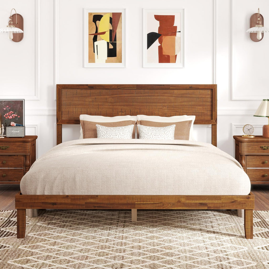 Giantex Wood Twin Bed Frames with Headboard, Solid Acacia Wood Platform Bed with 12 Strong Wooden Slat Support, Scandinavian Style Art Deco Twin Size Bed Frame, No Box Spring Needed, Rustic Brown