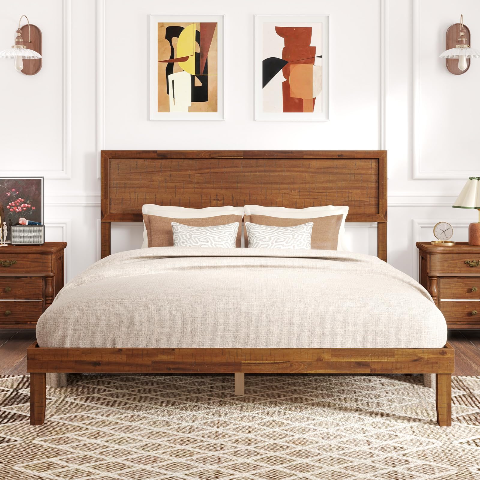 Giantex Wood Twin Bed Frames with Headboard, Solid Acacia Wood Platform Bed with 12 Strong Wooden Slat Support, Scandinavian Style Art Deco Twin Size Bed Frame, No Box Spring Needed, Rustic Brown