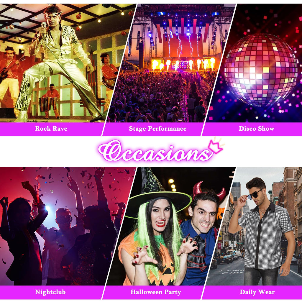Zando Men's Sequin 70s 80s Disco Shirt - Retro Short Sleeve Button Up Costume Halloween New Year Party Outfit Top & Clubwear