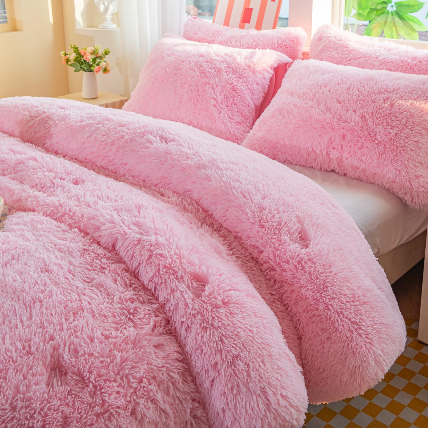 Faux Fur Kids Girls Purple Rainbow Comforter Sets Twin/Full - 3PC Bed Set Warm Comfortable Soft Plush Flannel Velvet Fluffy Fuzzy Bedding（Comforter x 1 Pillowcases x 2）