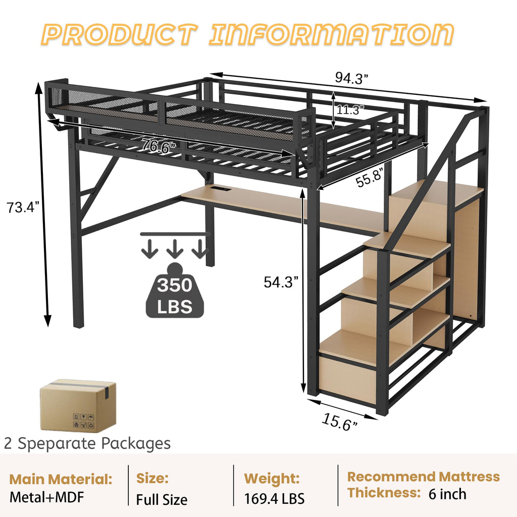 Mirightone Full Size Loft Bed with Stairs, Metal Loft Beds, High Loft Bed Frame with Storage Shelves, Lofted Full Bed with Wardrobe for Kids and Teens, No Box Spring Needed (Black)
